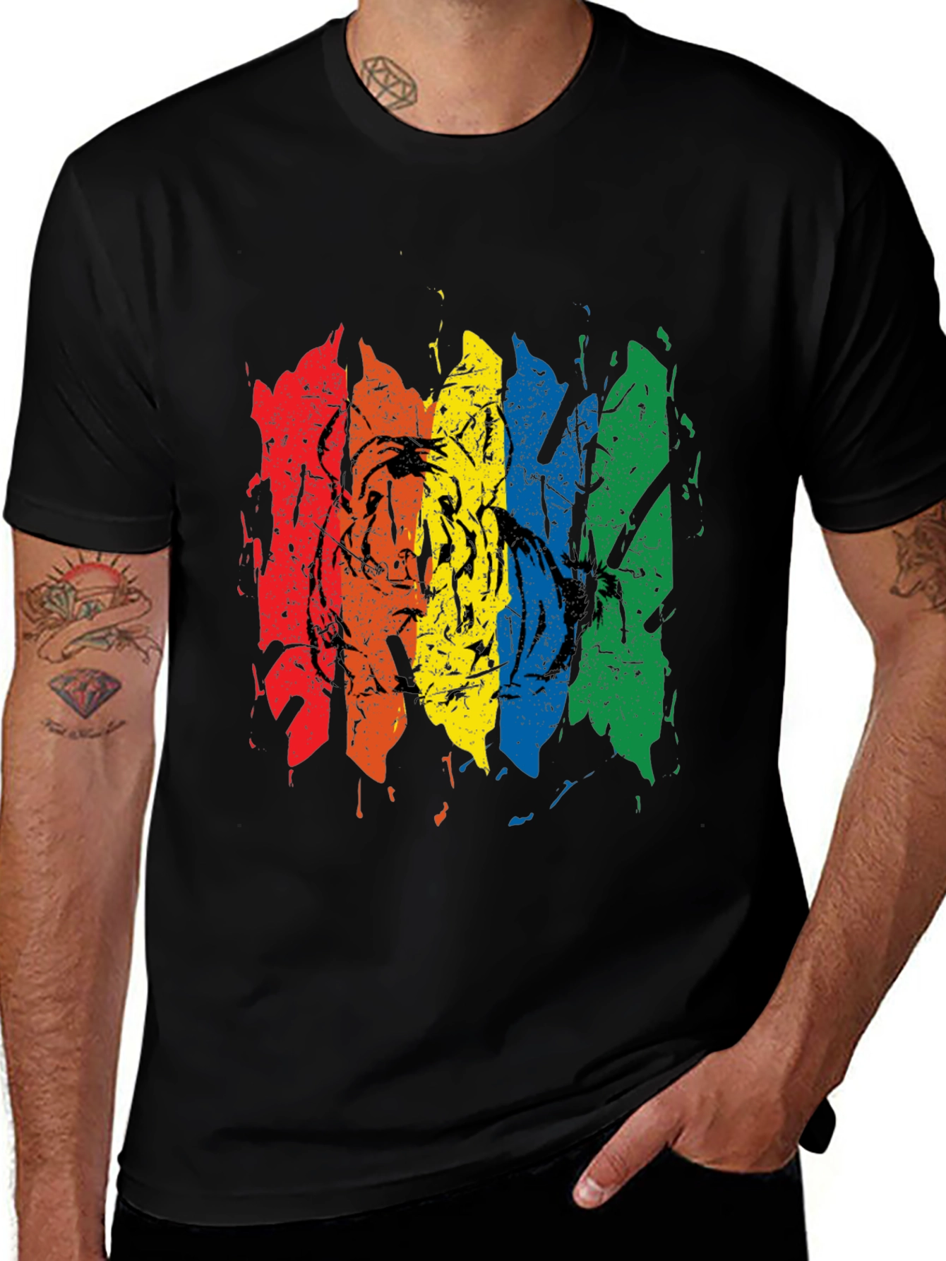 Rainbow Tiger Graphic Tee - Black Cotton T-Shirt