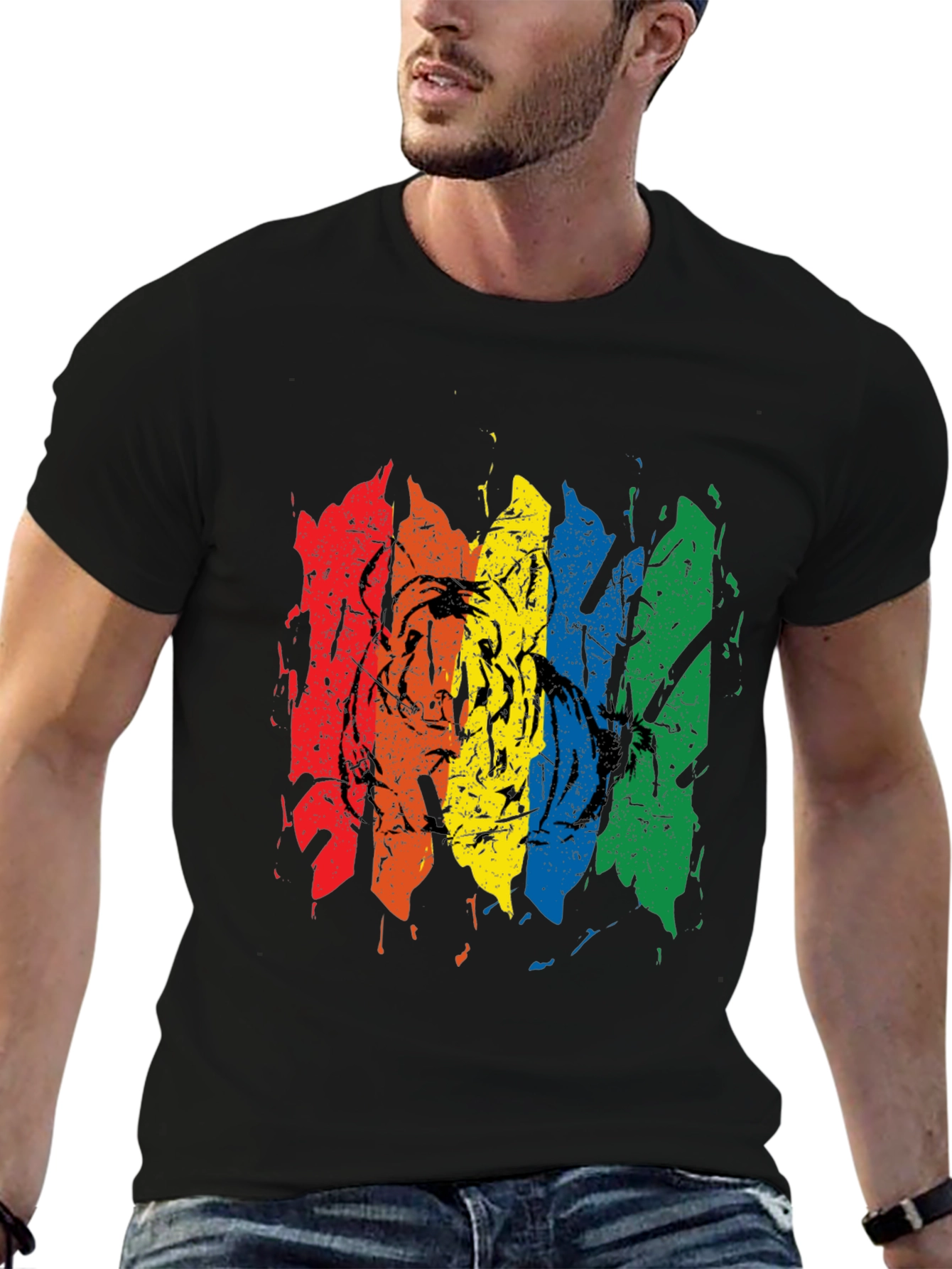 Rainbow Tiger Graphic Tee - Black Cotton T-Shirt