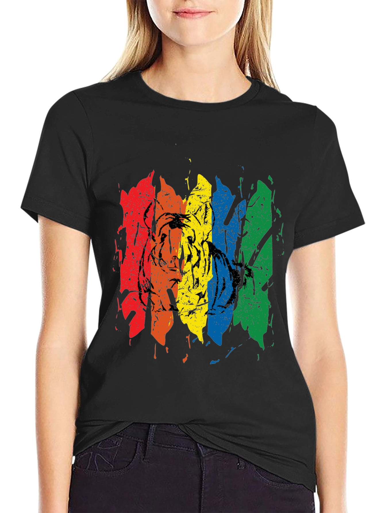 Rainbow Tiger Graphic Tee - Black Cotton T-Shirt