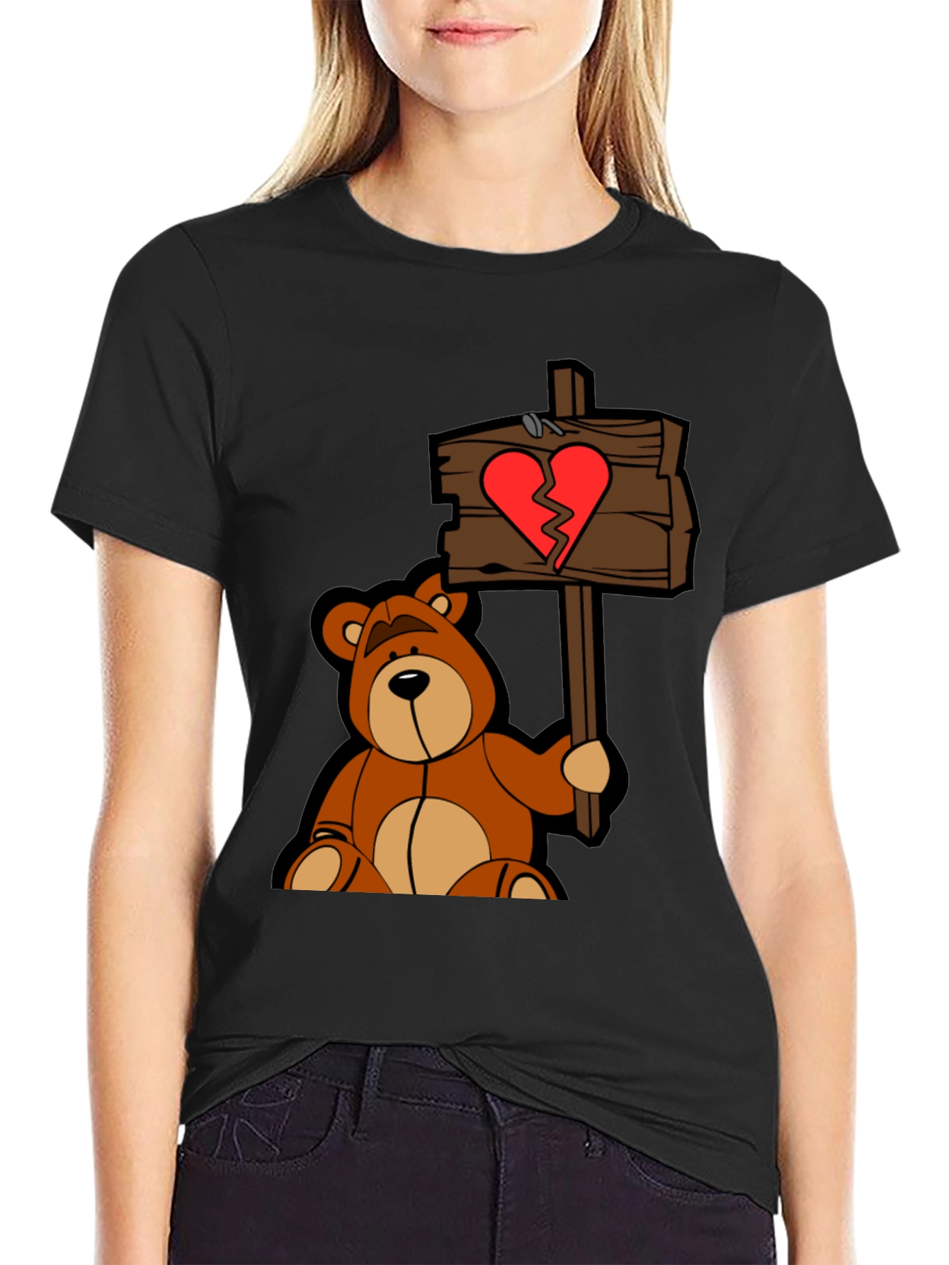 Broken Heart Teddy Bear Black T-Shirt