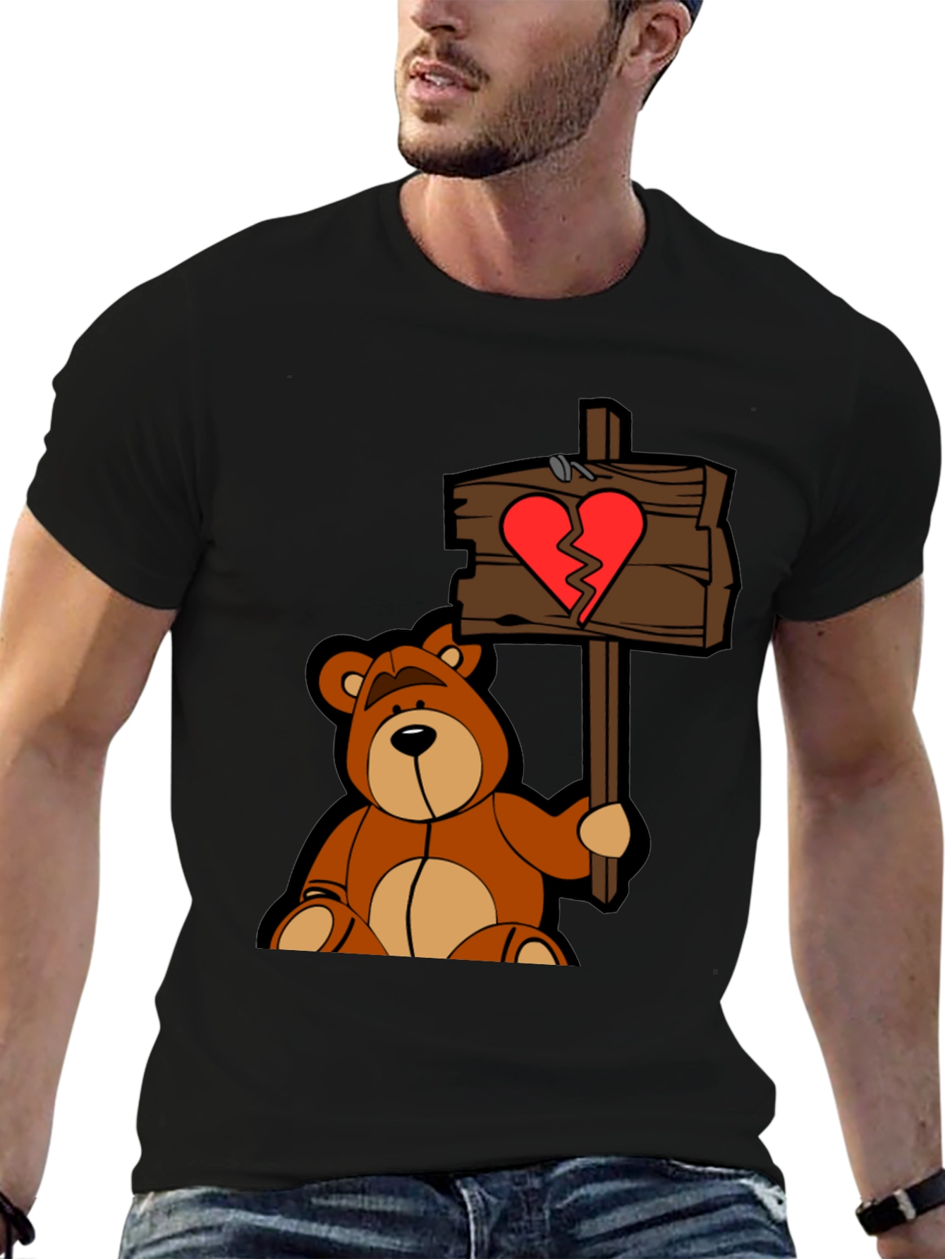 Broken Heart Teddy Bear Black T-Shirt