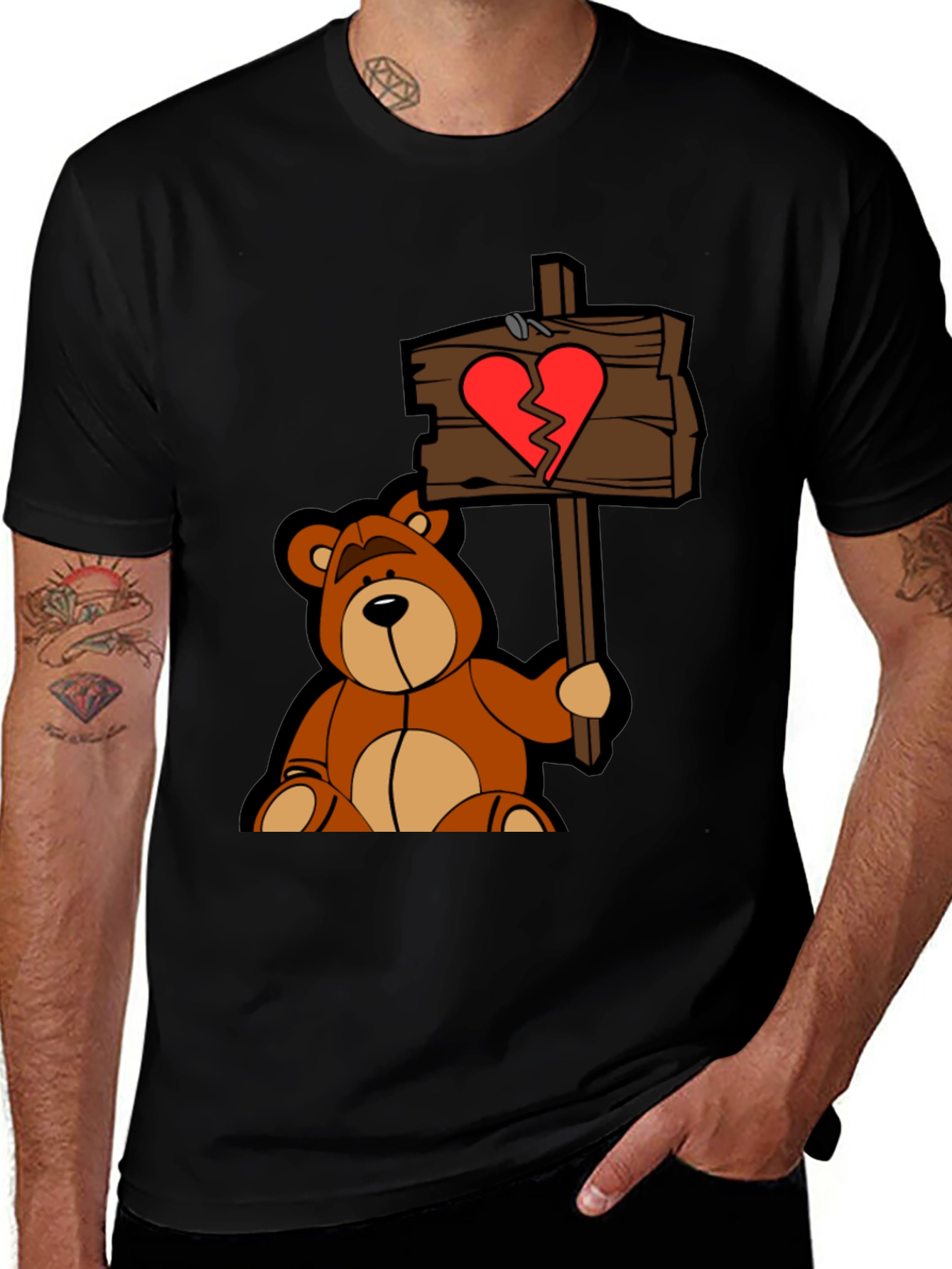 Broken Heart Teddy Bear Black T-Shirt
