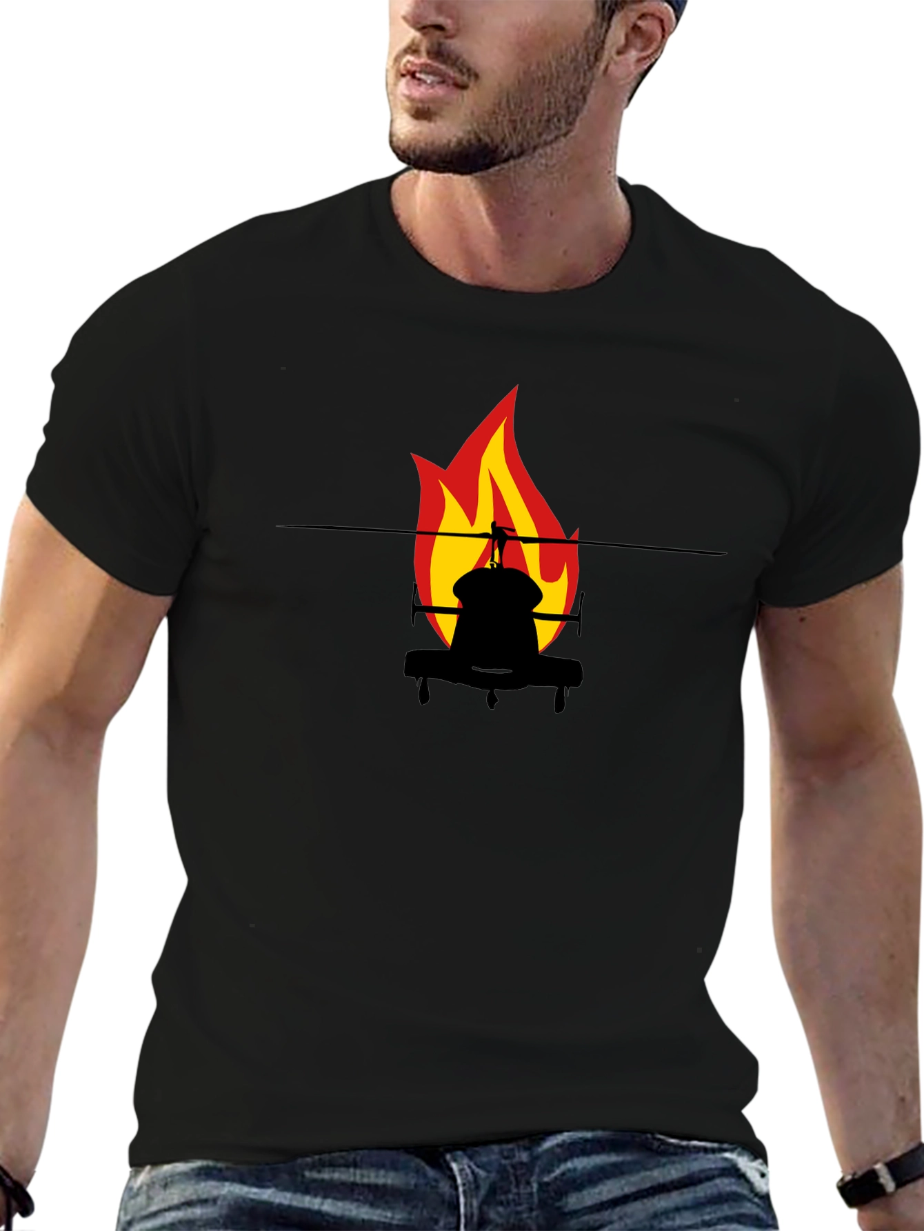 Fiery Helicopter Graphic Tee - Black Cotton
