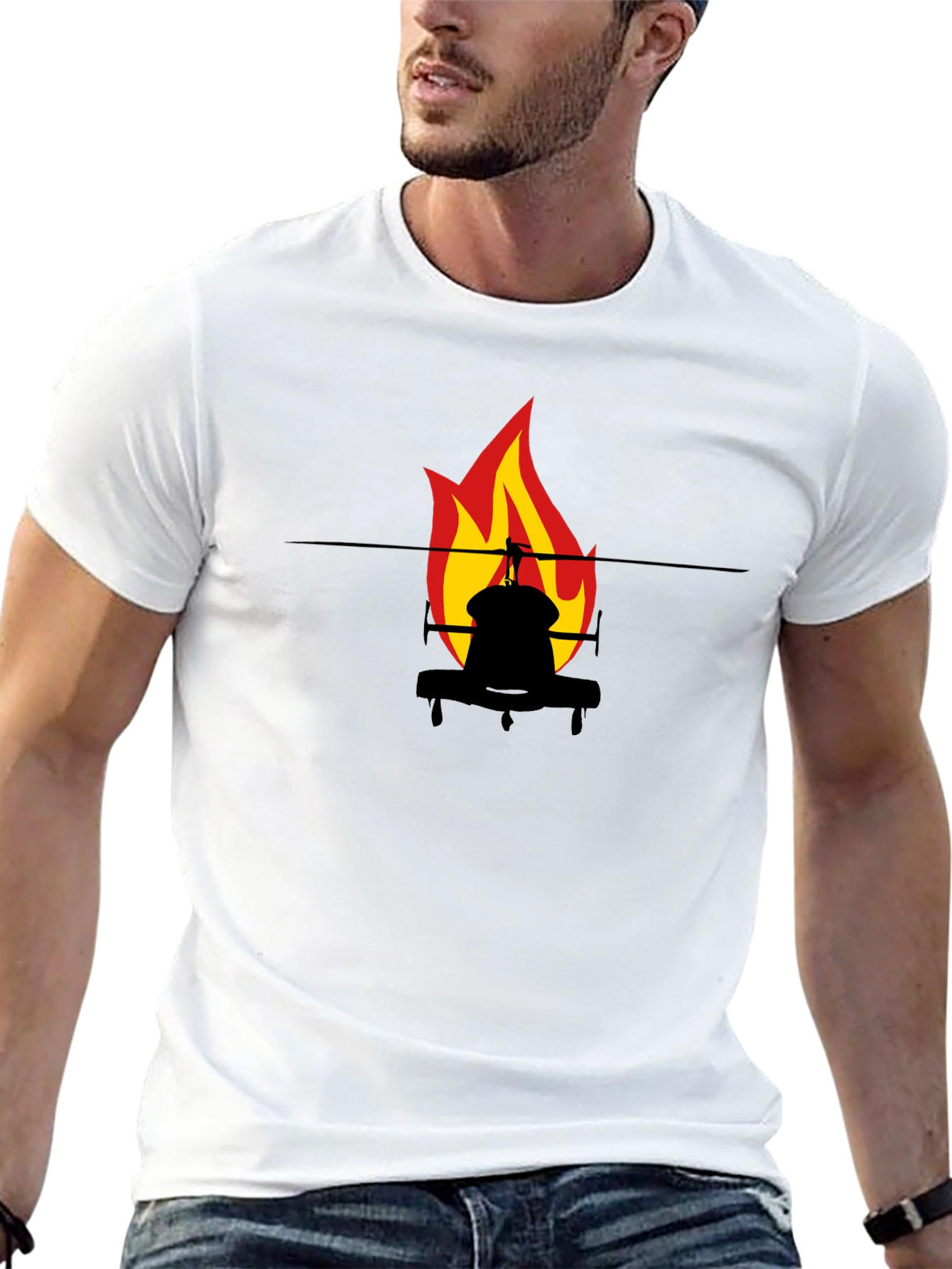 Fiery Helicopter Graphic Tee - Black Cotton