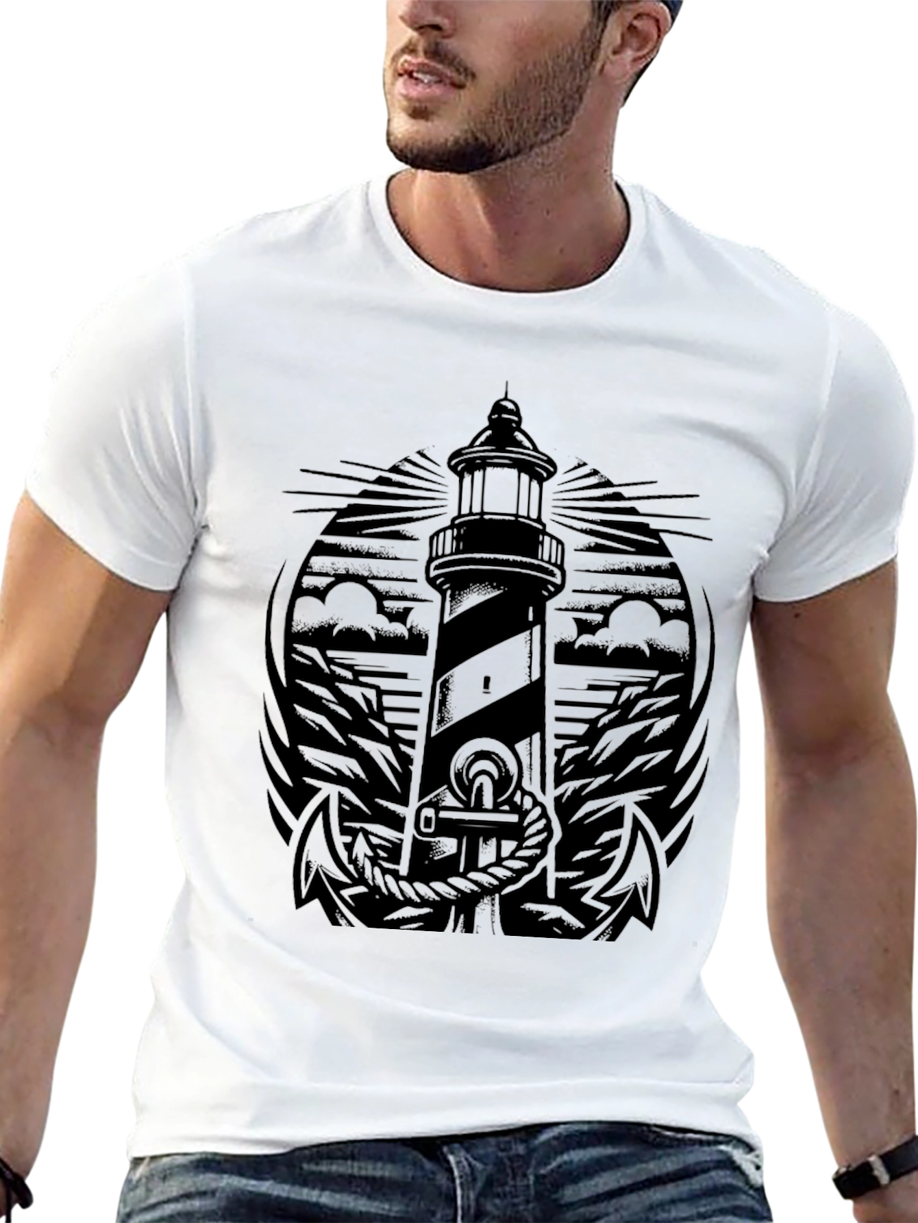 Nautical Lighthouse Anchor Graphic T-Shirt