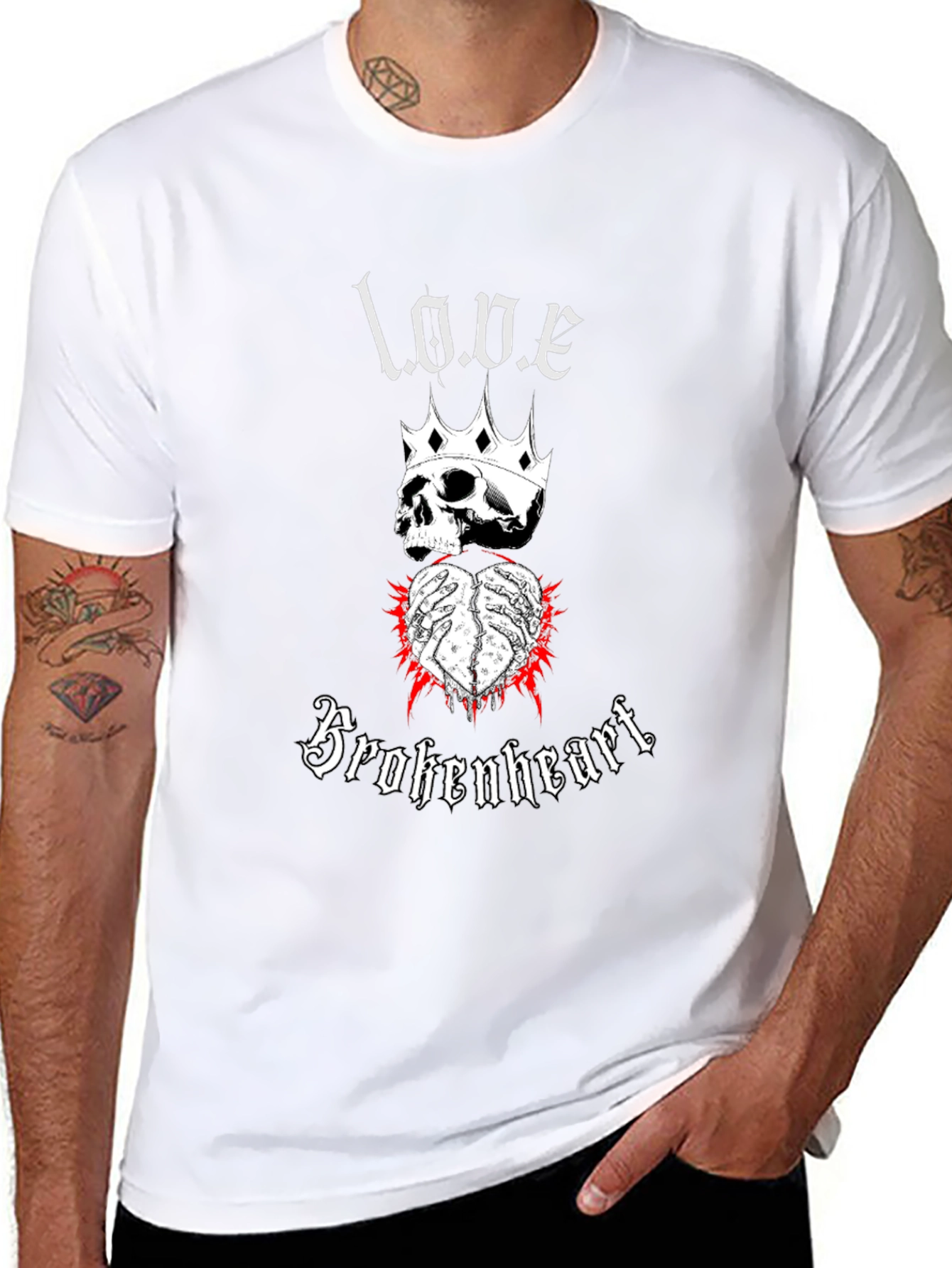 Love Brokenheart Skull Crown Graphic Tee - Black