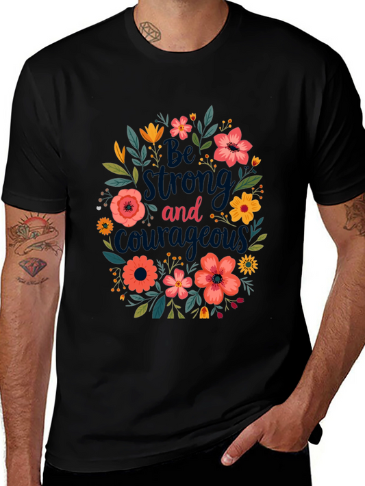 Floral Be Strong and Courageous Graphic Tee - Black