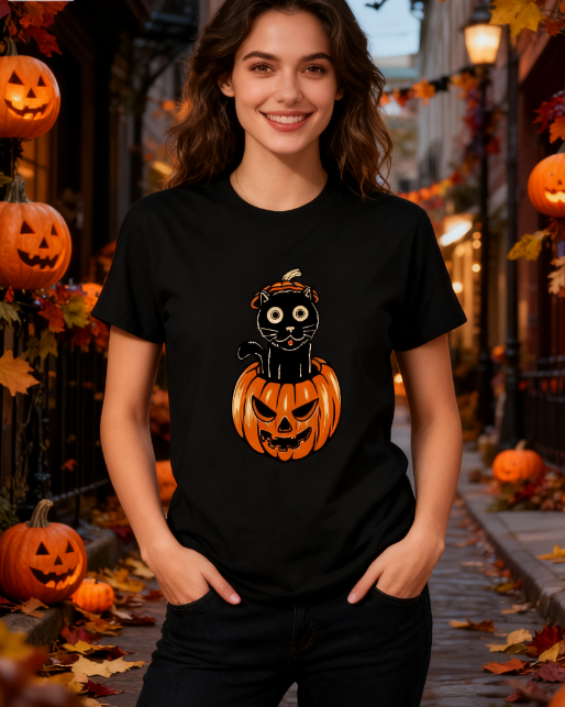 Halloween Black Cat Pumpkin 100% Cotton T-Shirt - Unisex Spooky Season Tee for All Occasions