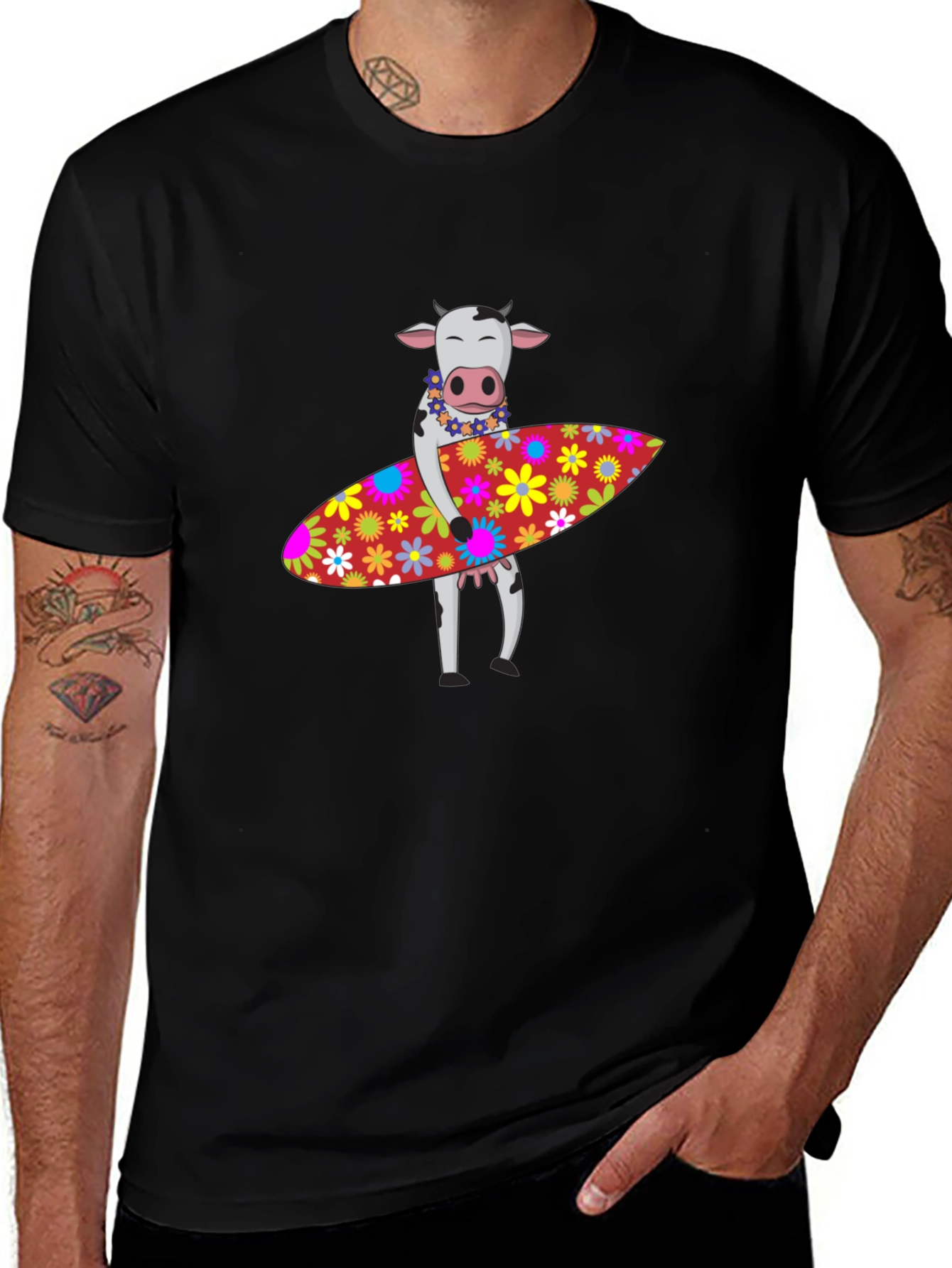 Surfing Cow Graphic Tee - Black Cotton T-Shirt