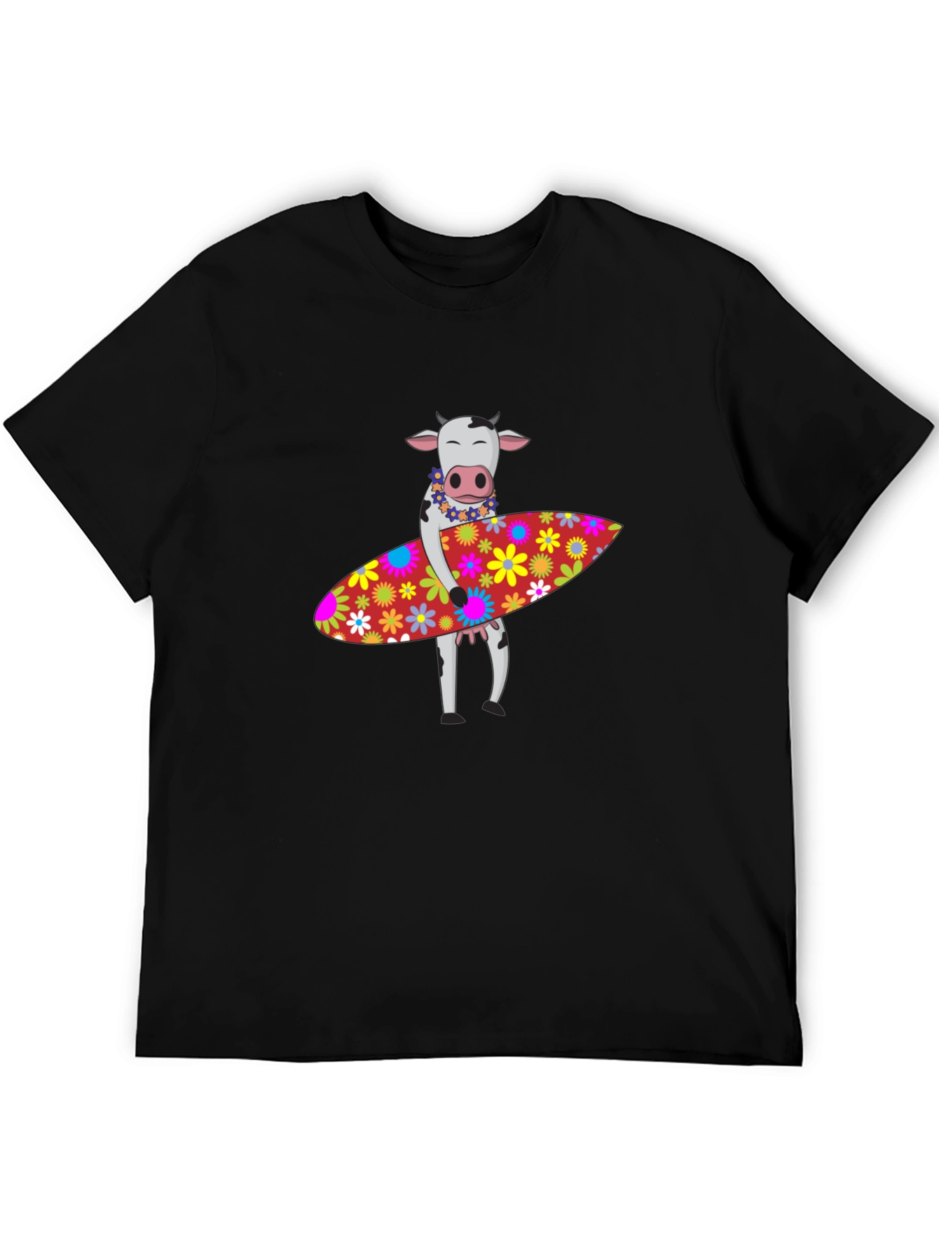 Surfing Cow Graphic Tee - Black Cotton T-Shirt