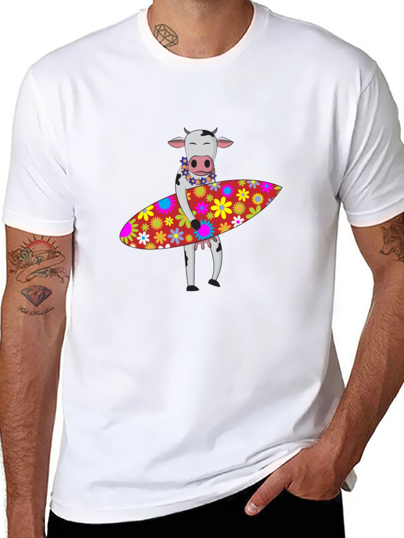 Surfing Cow Graphic Tee - Black Cotton T-Shirt