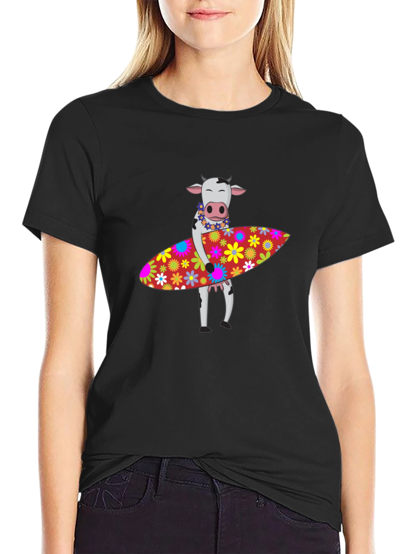 Surfing Cow Graphic Tee - Black Cotton T-Shirt