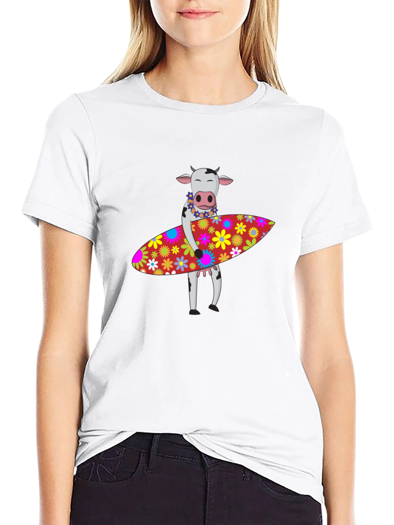Surfing Cow Graphic Tee - Black Cotton T-Shirt