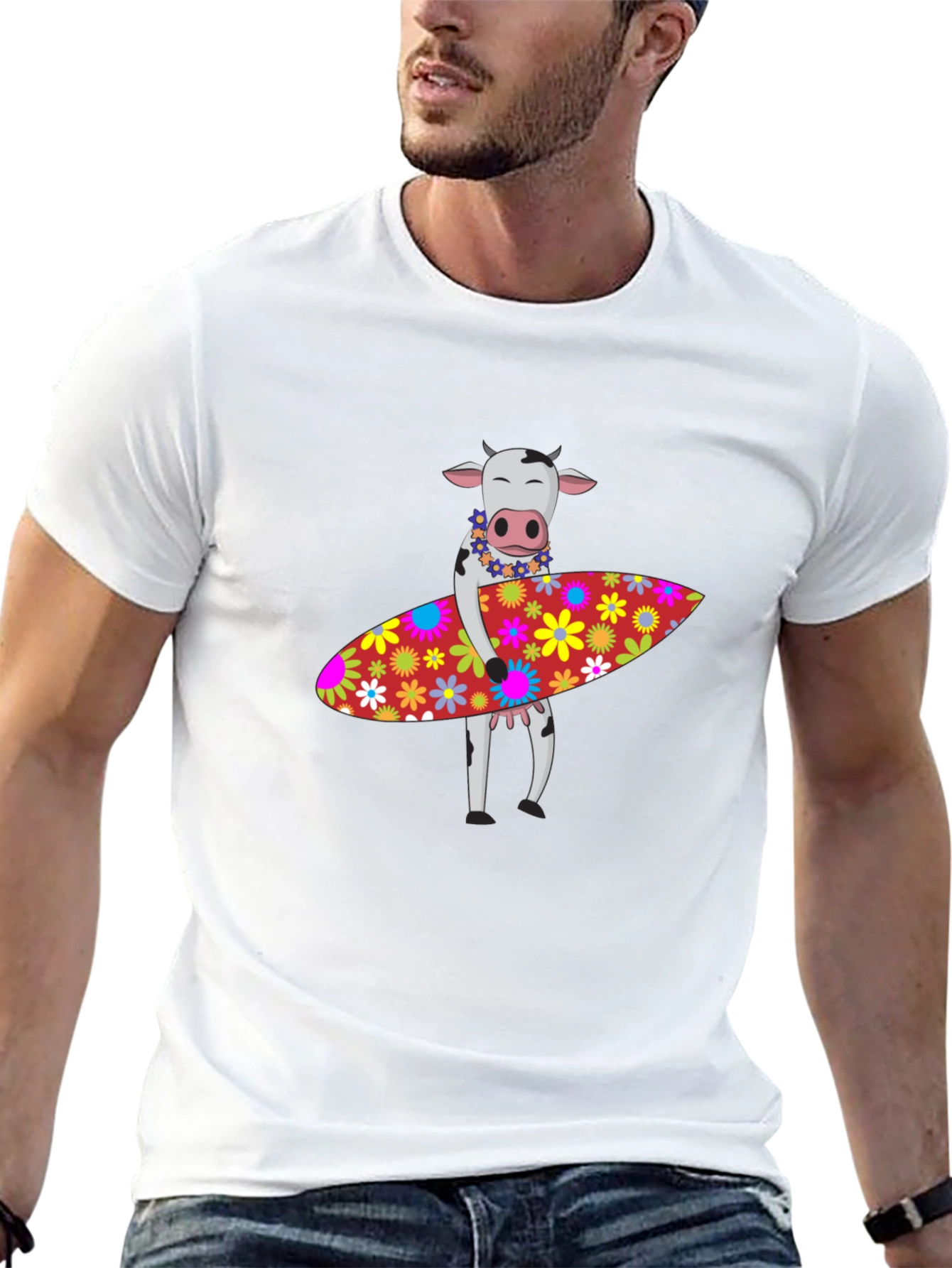Surfing Cow Graphic Tee - Black Cotton T-Shirt