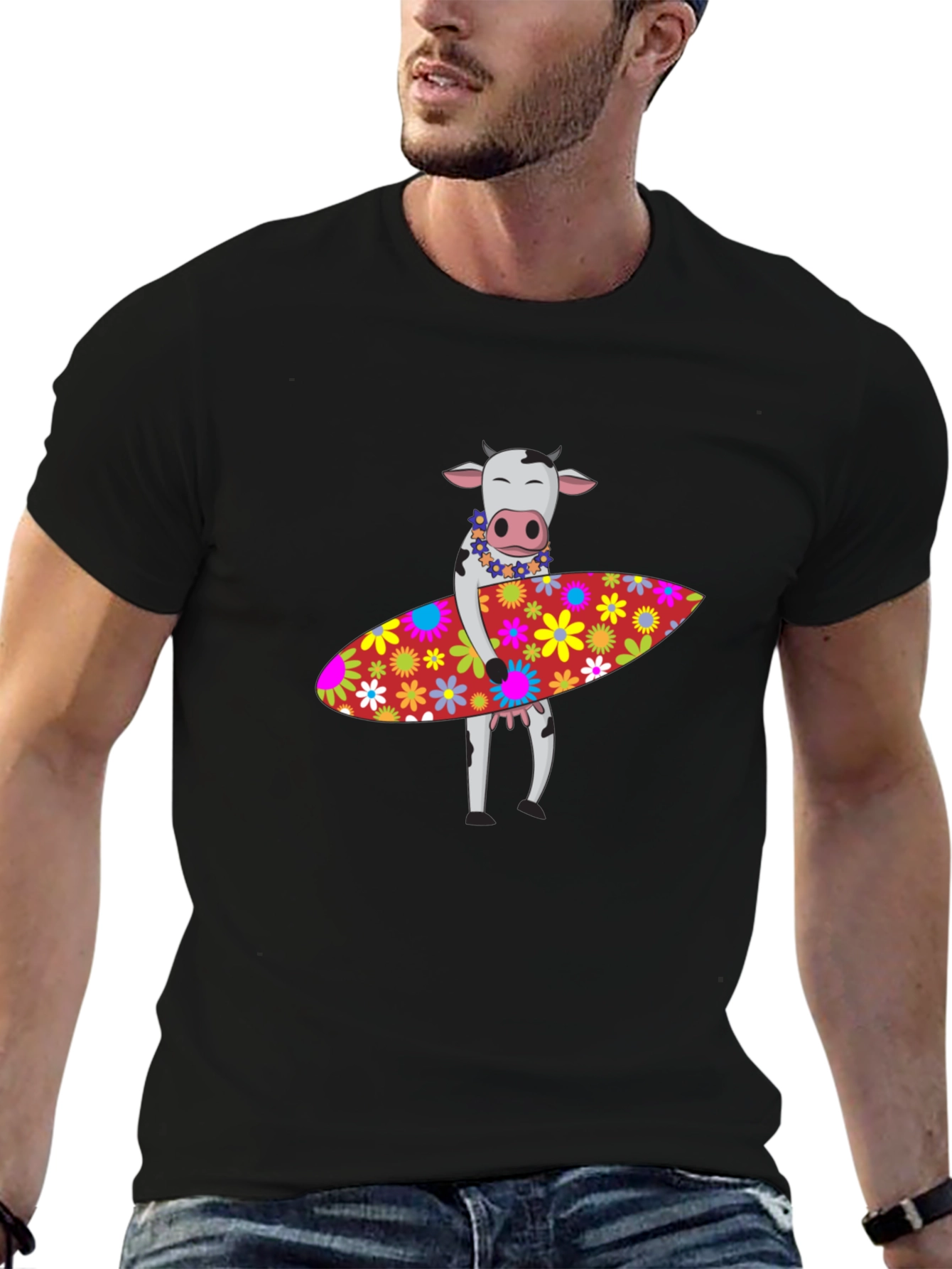 Surfing Cow Graphic Tee - Black Cotton T-Shirt
