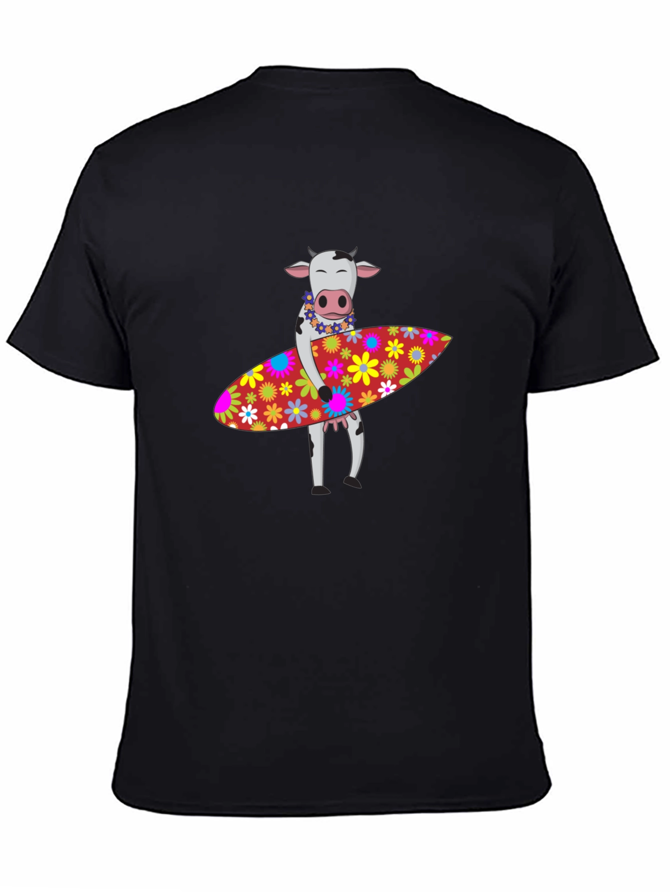 Surfing Cow Graphic Tee - Black Cotton T-Shirt