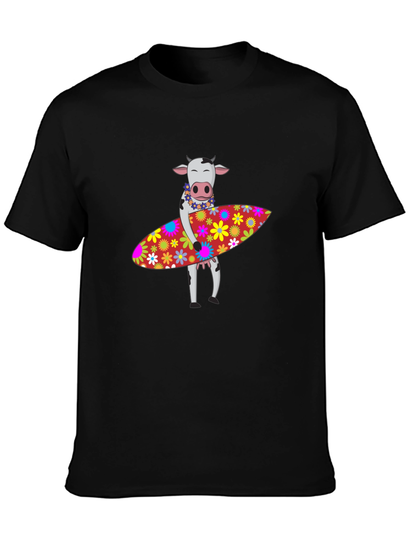 Surfing Cow Graphic Tee - Black Cotton T-Shirt