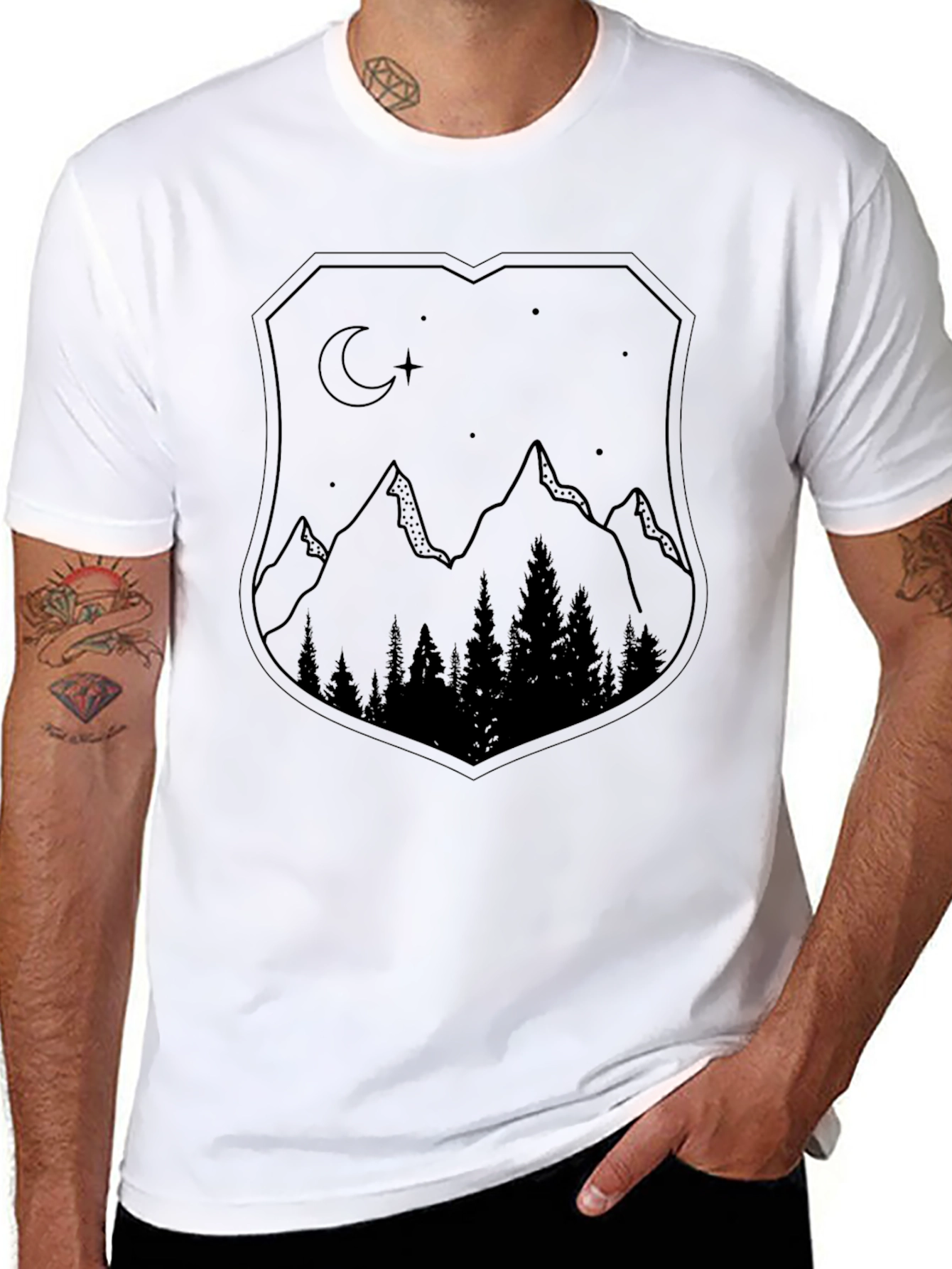 Mountain Night Scene Graphic Tee - Black Unisex Shirt