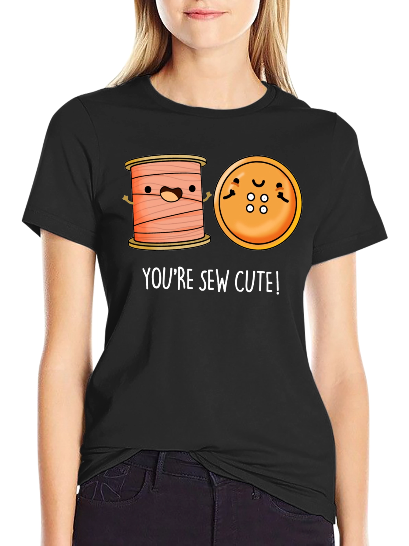 Sew Cute Cartoon Graphic Black T-Shirt