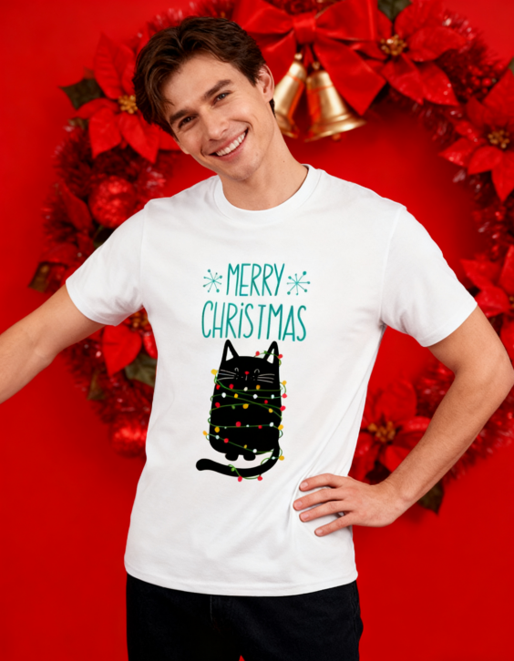 Merry Christmas Black Cat String Lights T-Shirt - 100% Cotton, Cute Festive Tee for Holiday & Casual Occasions