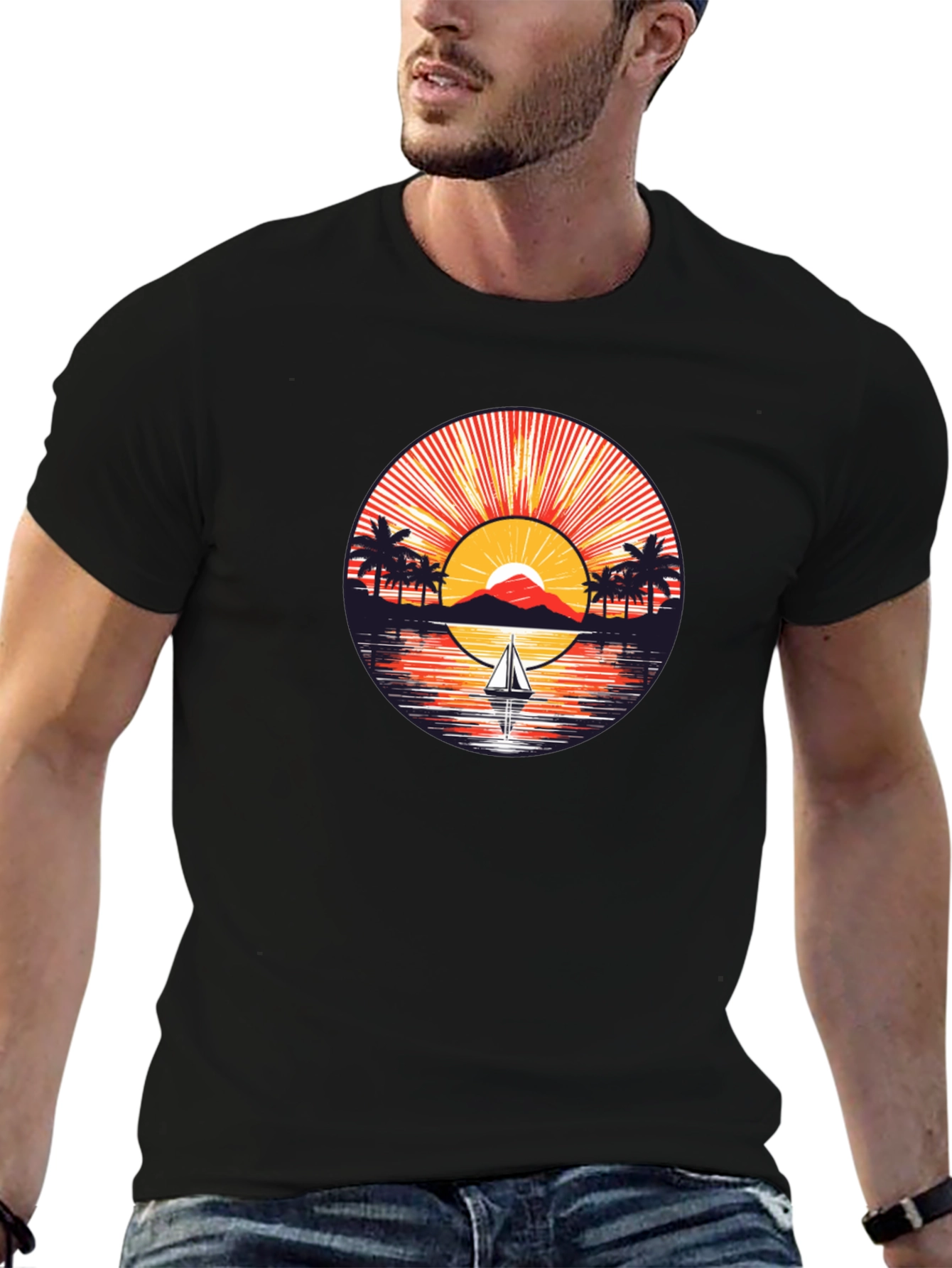 Sunset Sailboat Graphic Tee - Black