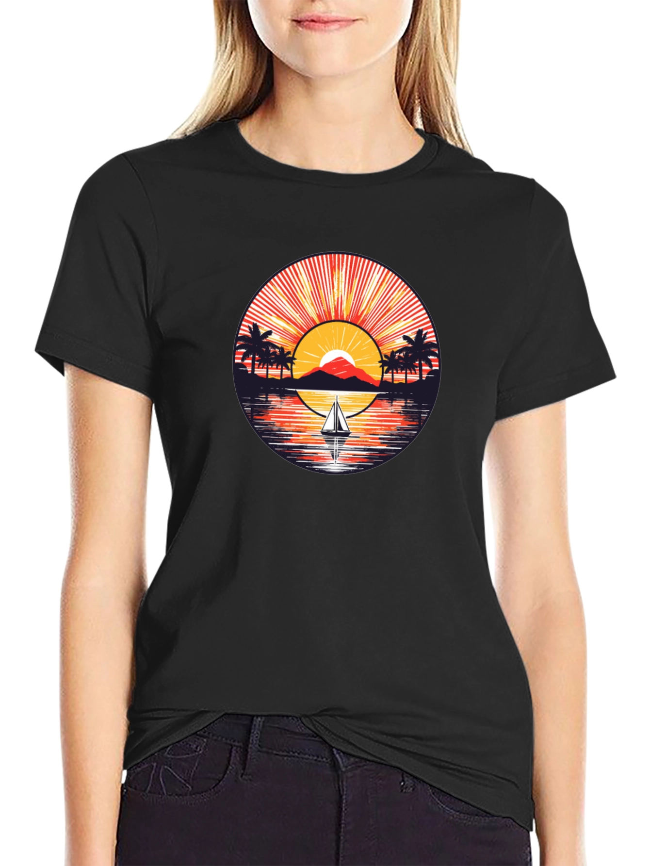 Sunset Sailboat Graphic Tee - Black