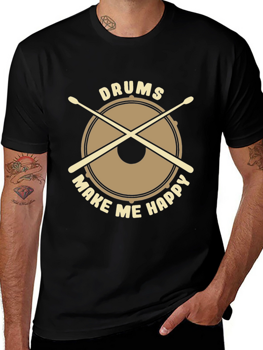 Drums Make Me Happy Graphic Tee - Black Cotton