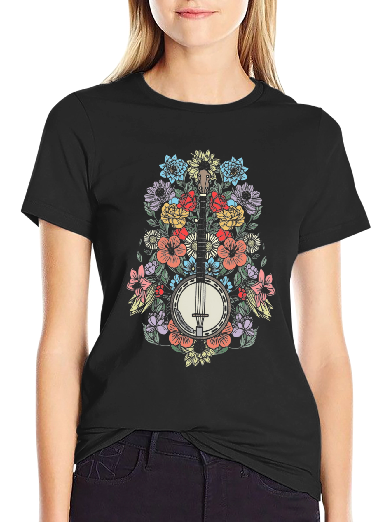 Floral Banjo Graphic Tee - Black Cotton Blend