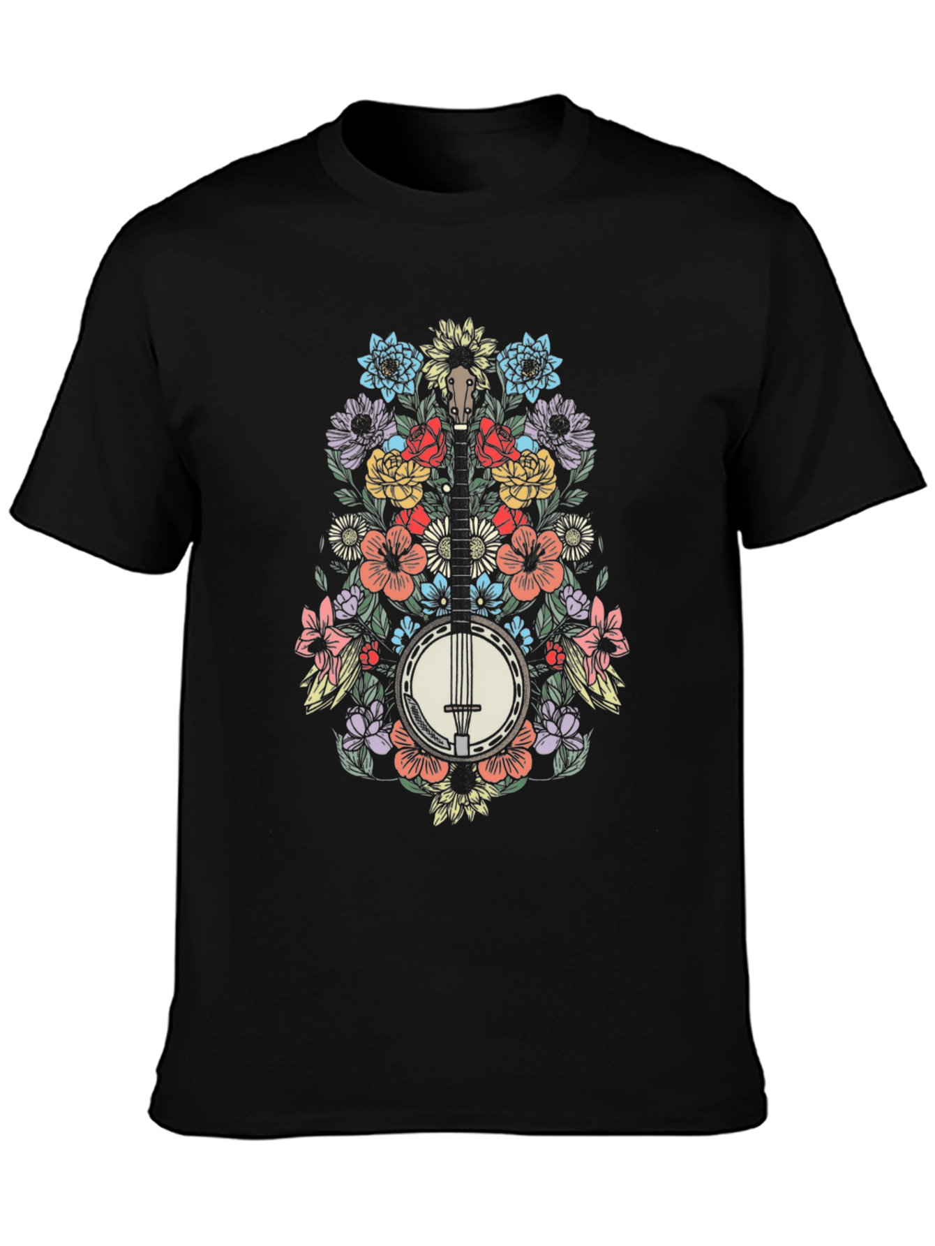 Floral Banjo Graphic Tee - Black Cotton Blend
