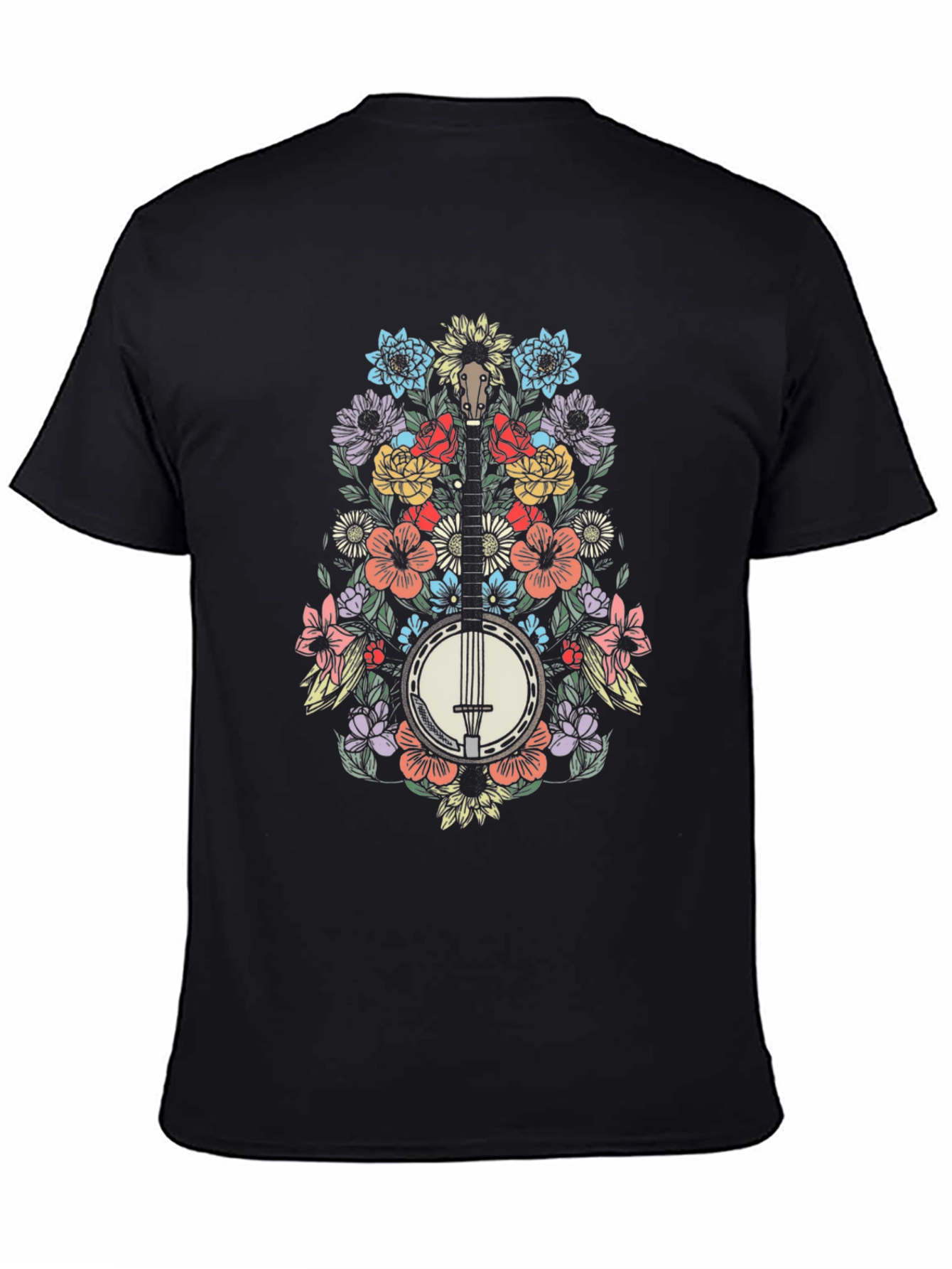 Floral Banjo Graphic Tee - Black Cotton Blend