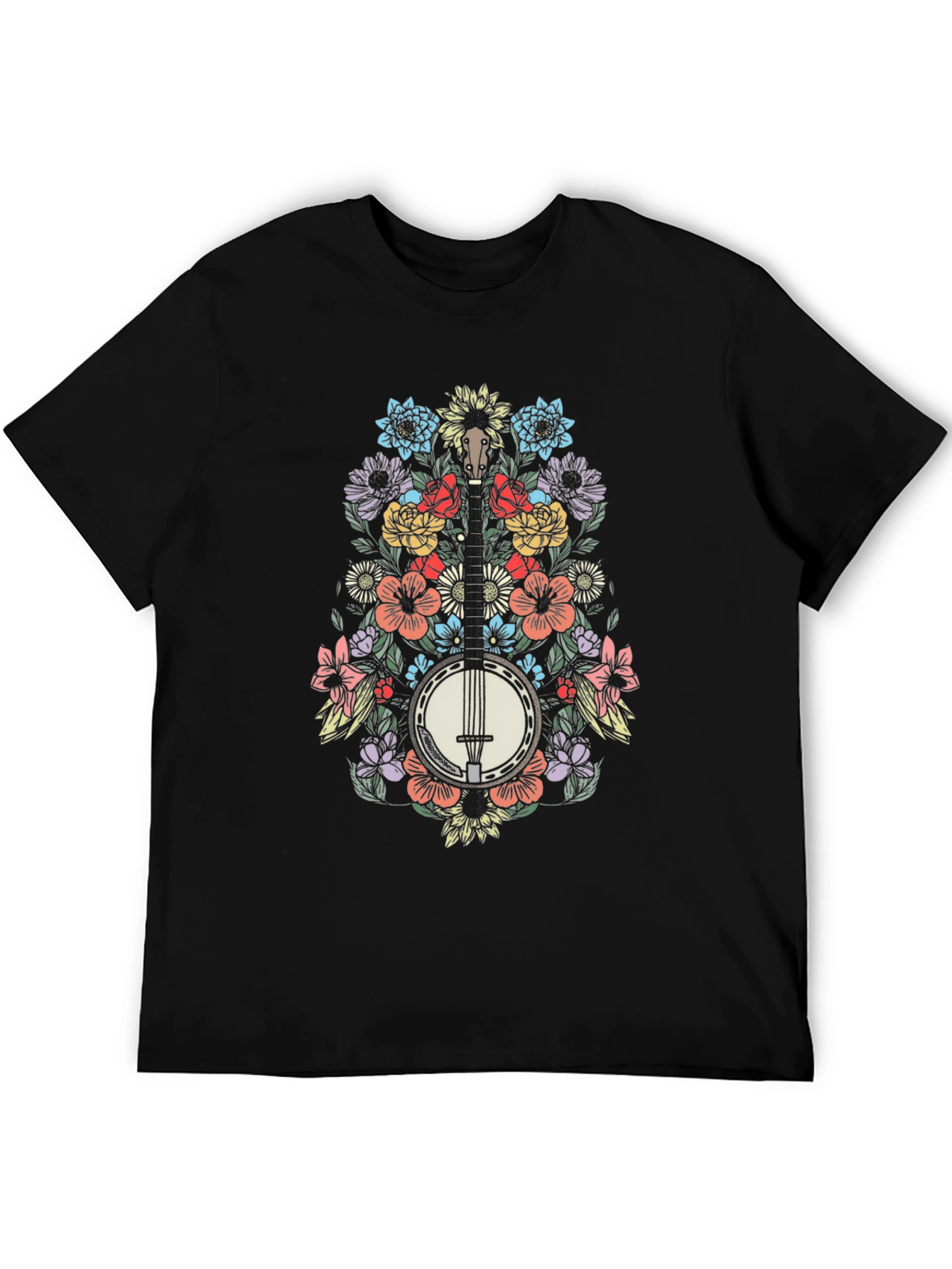 Floral Banjo Graphic Tee - Black Cotton Blend