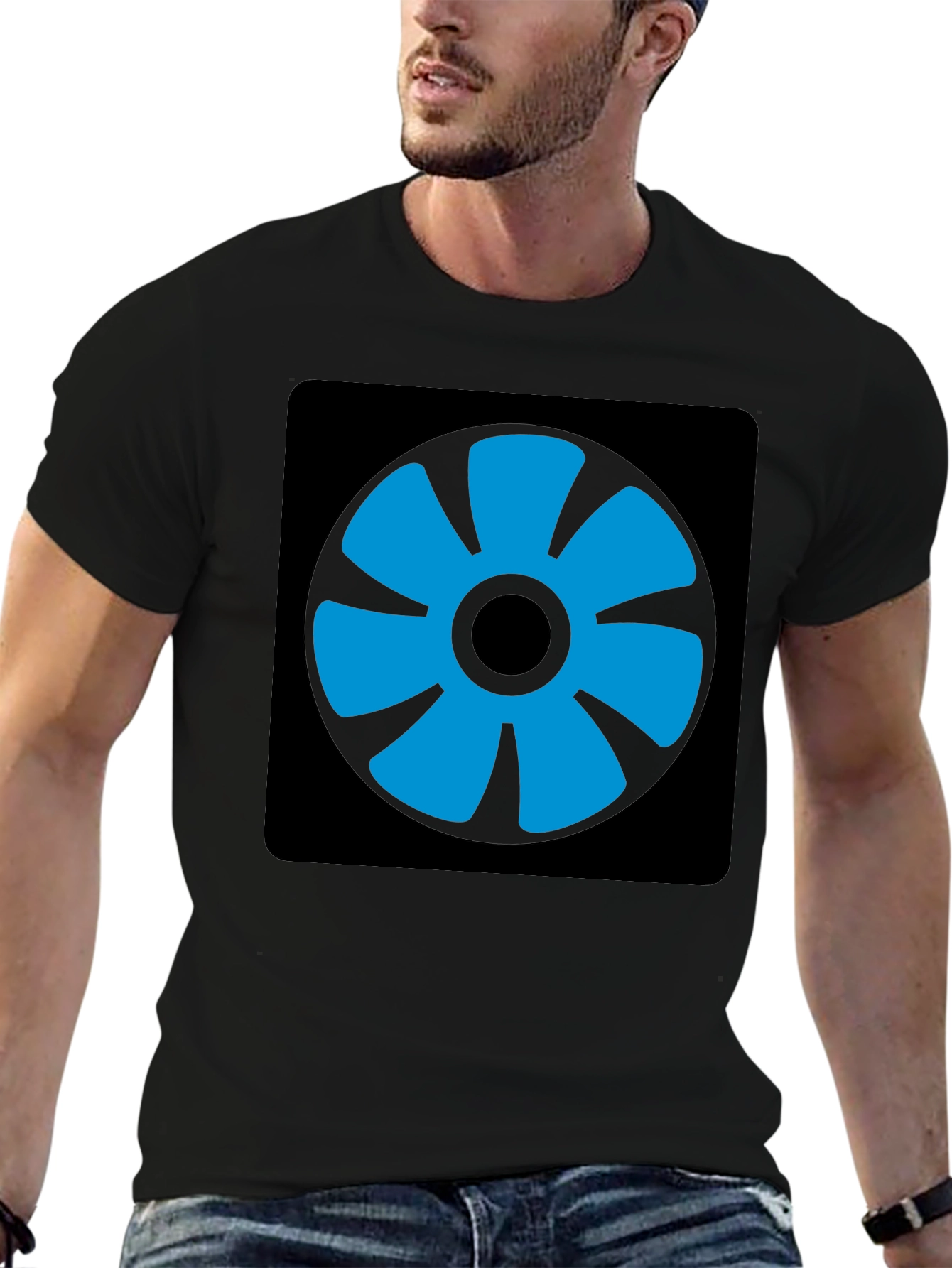 Blue Fan Graphic Black T-Shirt