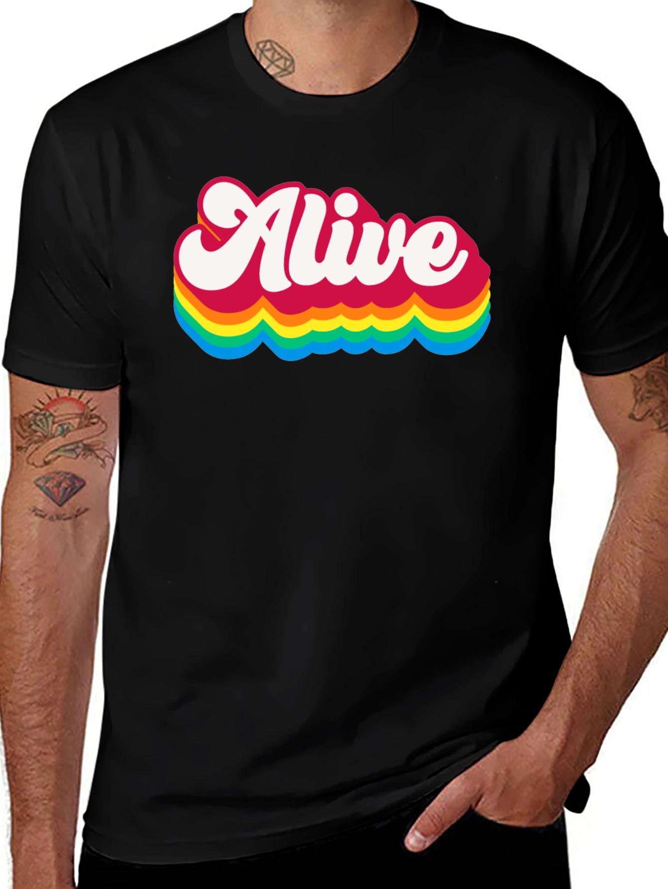 Alive Rainbow Graphic Tee - Retro Style Black T-Shirt