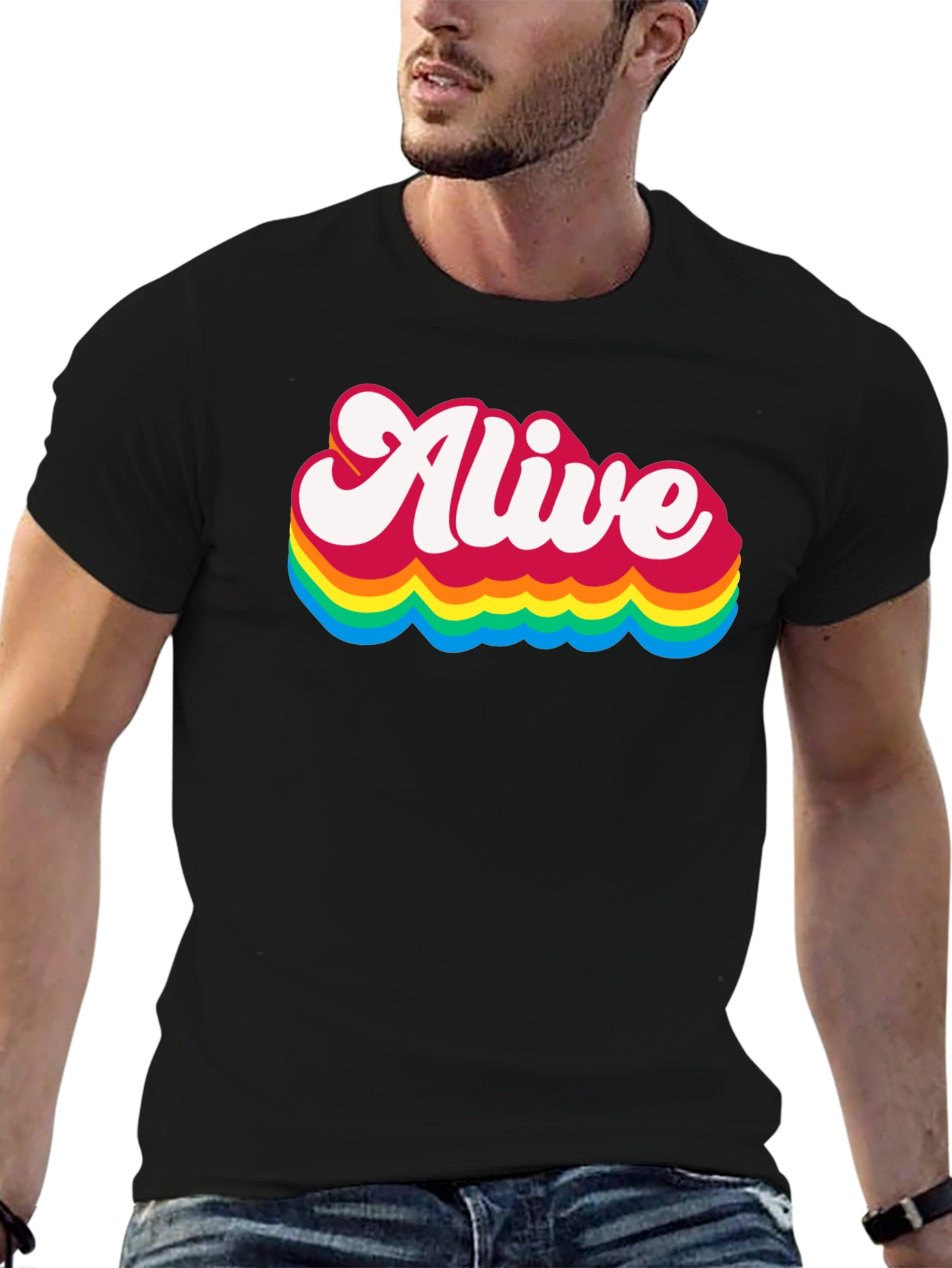 Alive Rainbow Graphic Tee - Retro Style Black T-Shirt
