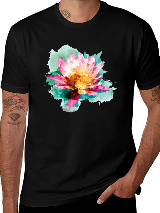Lotus Watercolor Graphic Tee - Black Cotton Blend