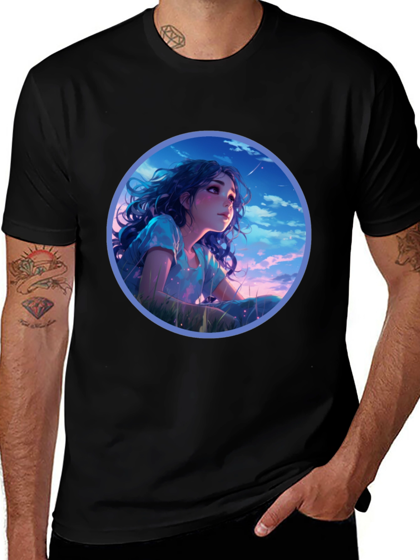 Anime Girl Stargazing Black T-Shirt