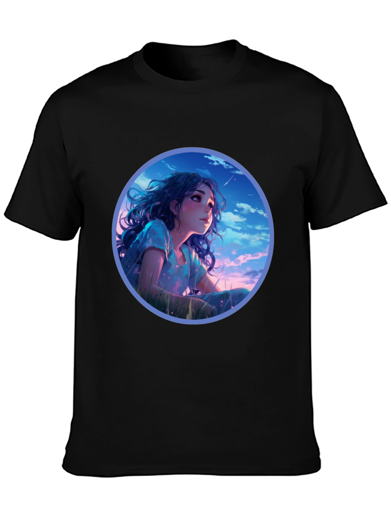 Anime Girl Stargazing Black T-Shirt