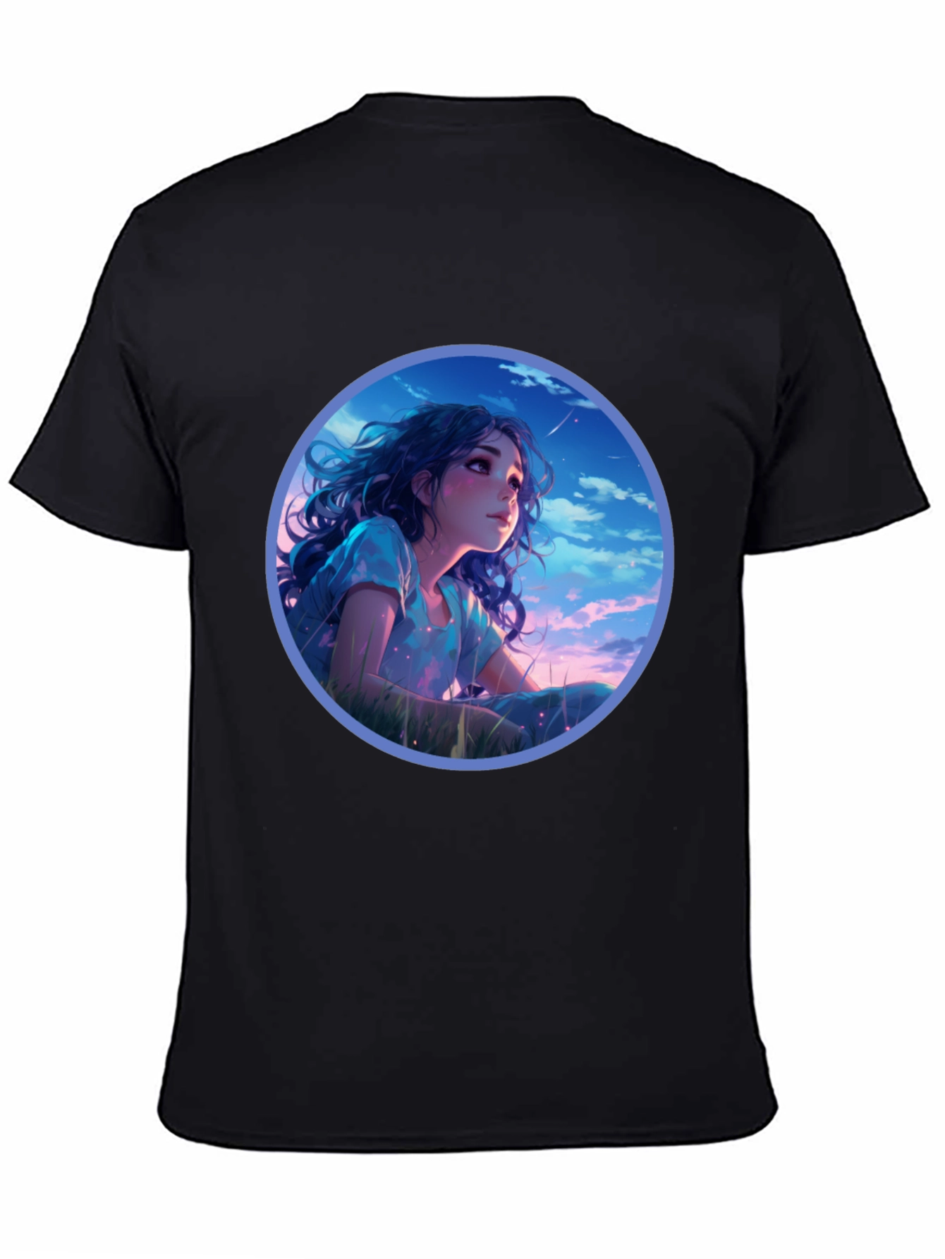 Anime Girl Stargazing Black T-Shirt