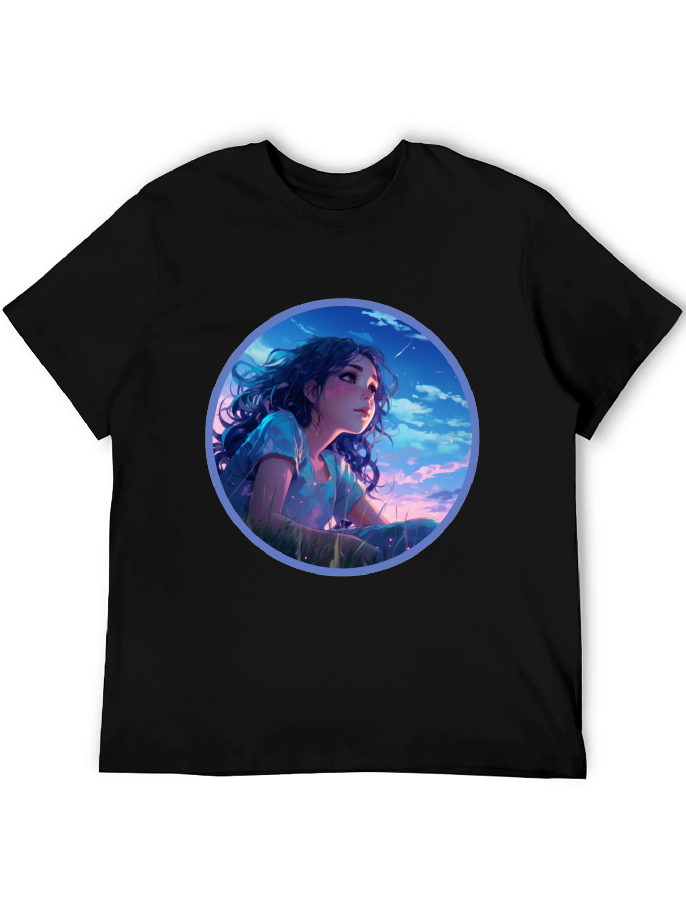 Anime Girl Stargazing Black T-Shirt