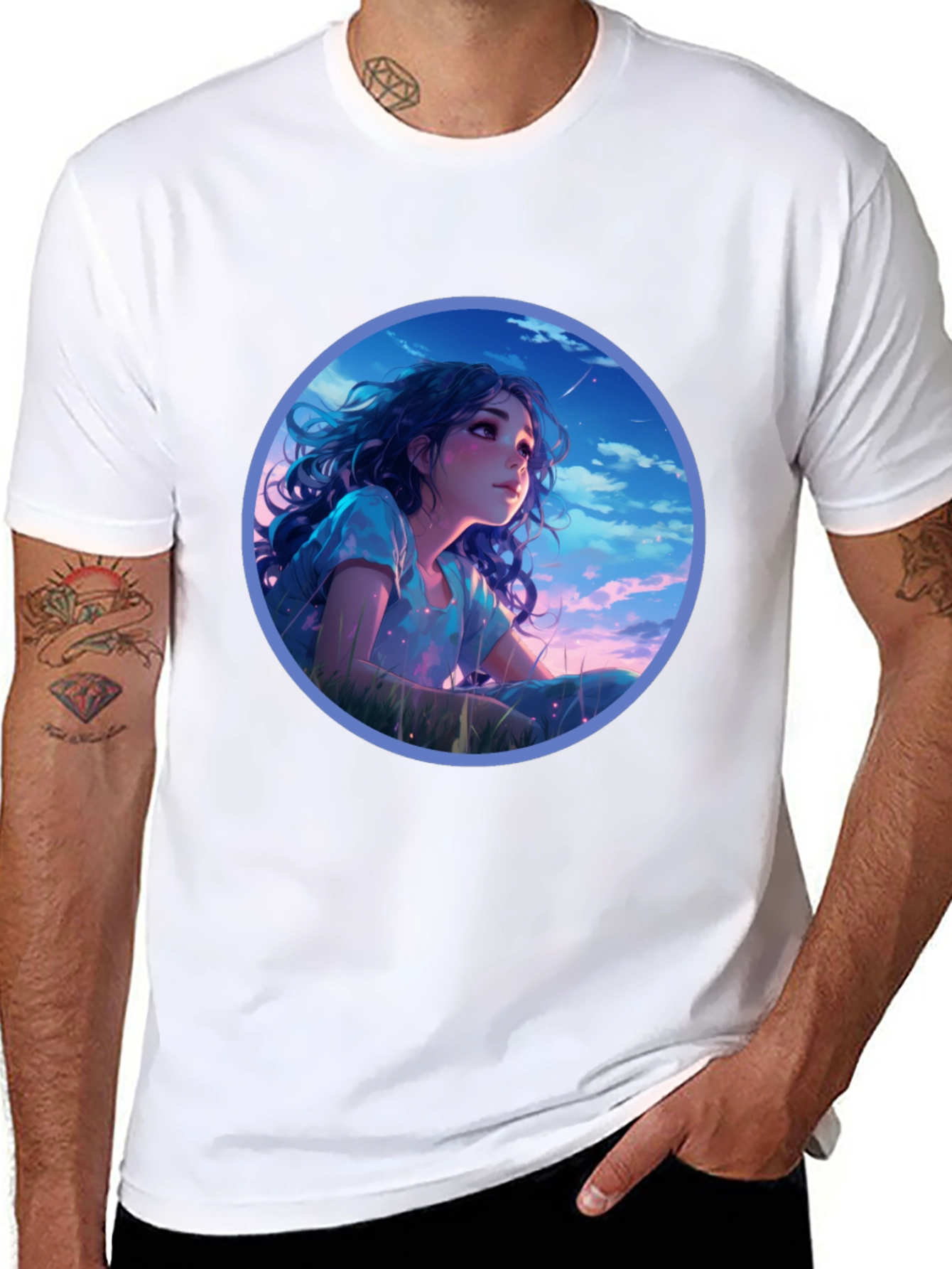 Anime Girl Stargazing Black T-Shirt