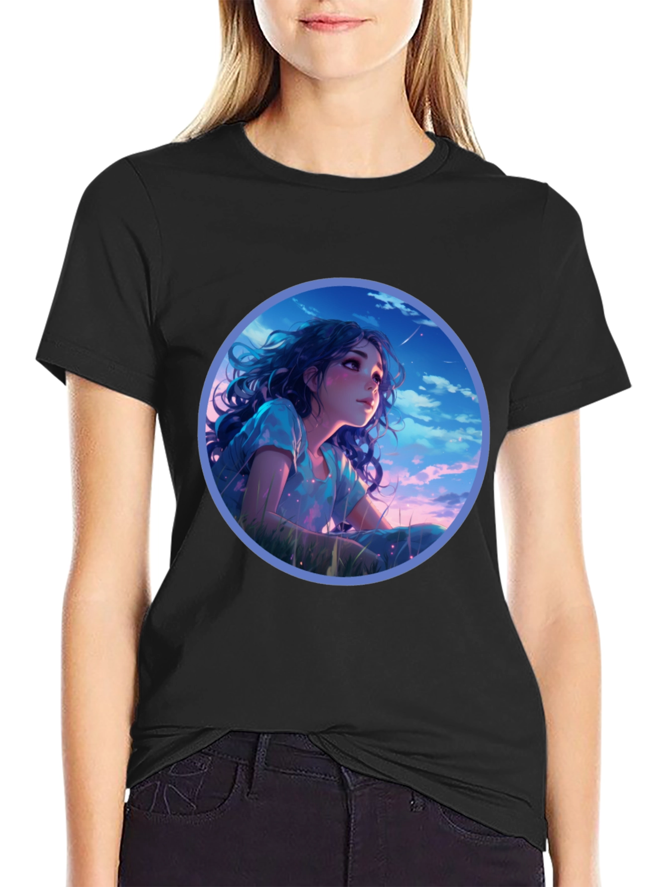Anime Girl Stargazing Black T-Shirt