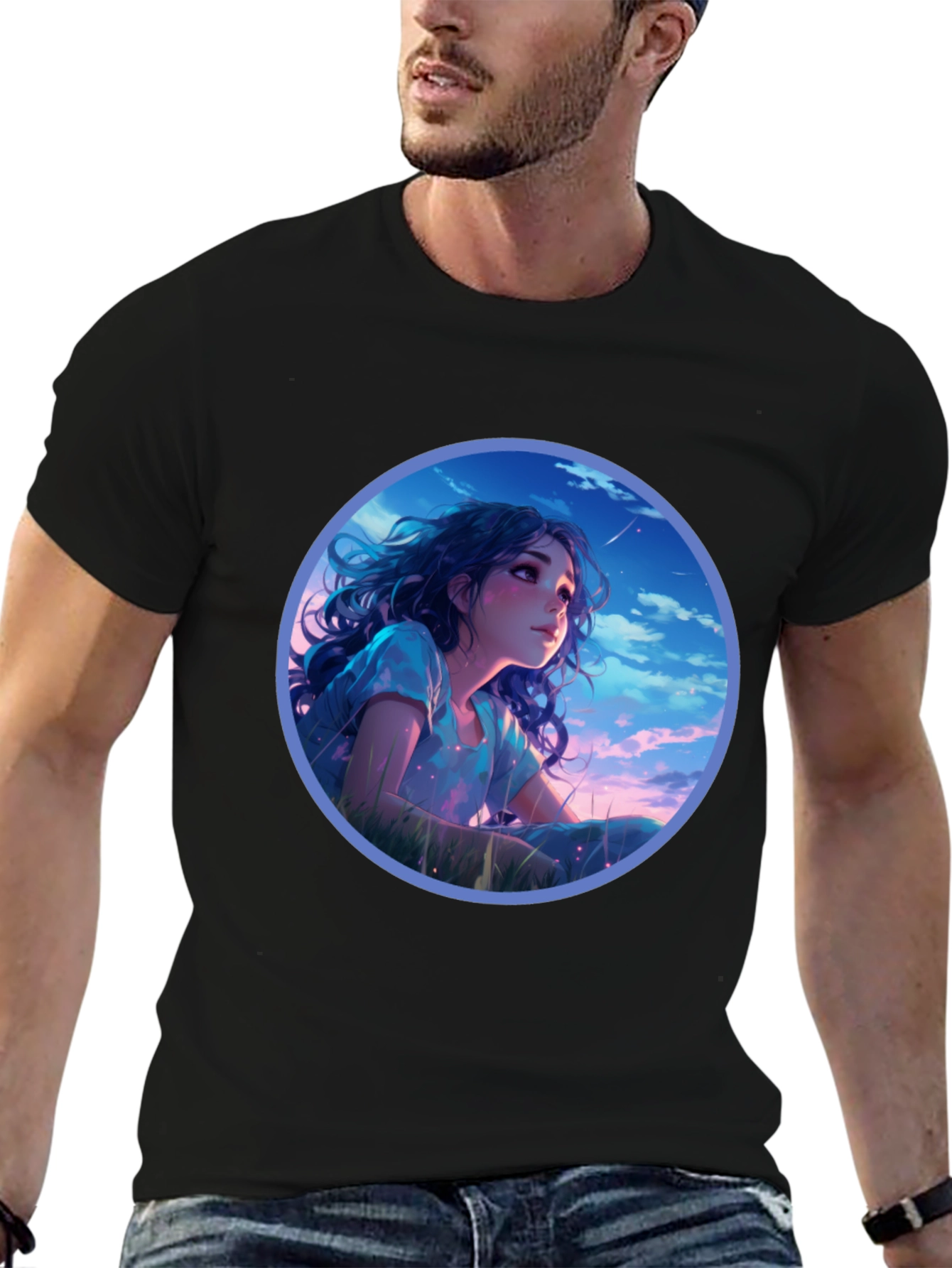Anime Girl Stargazing Black T-Shirt