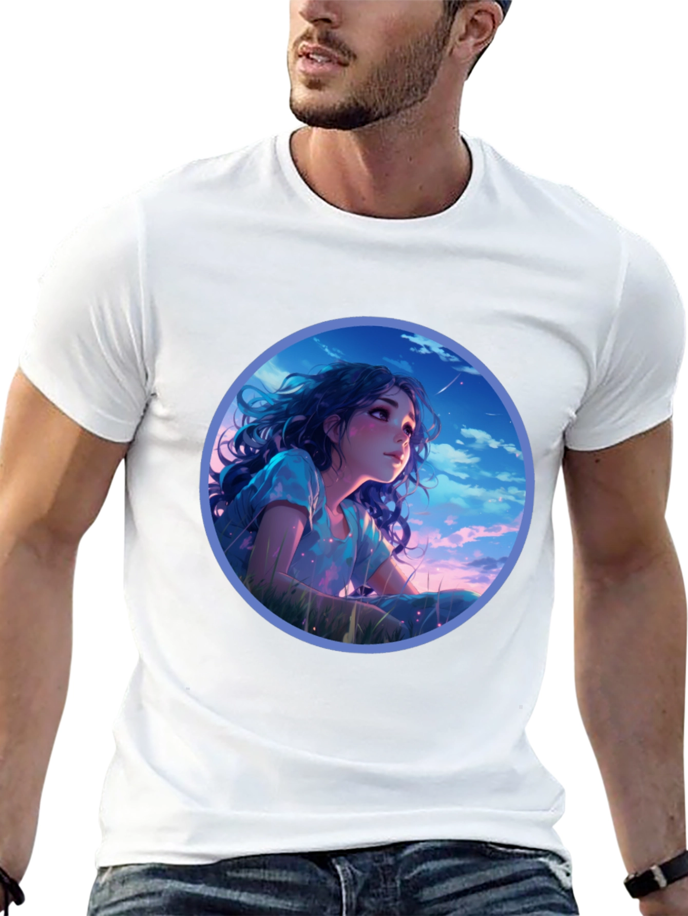 Anime Girl Stargazing Black T-Shirt