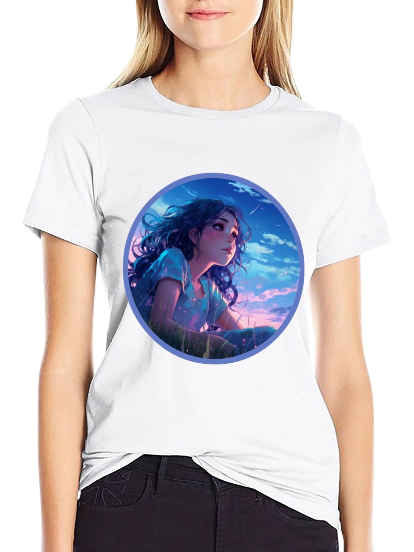 Anime Girl Stargazing Black T-Shirt
