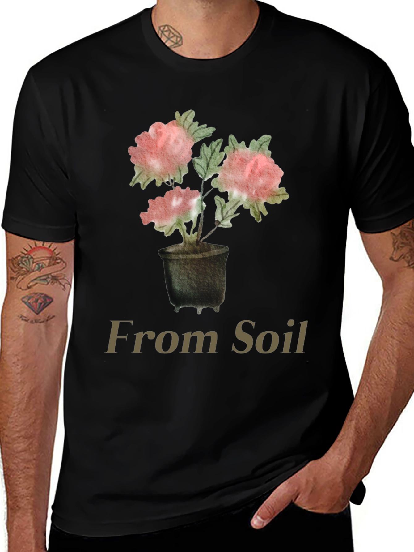 From Soil Black T-Shirt with Flower Pot Design