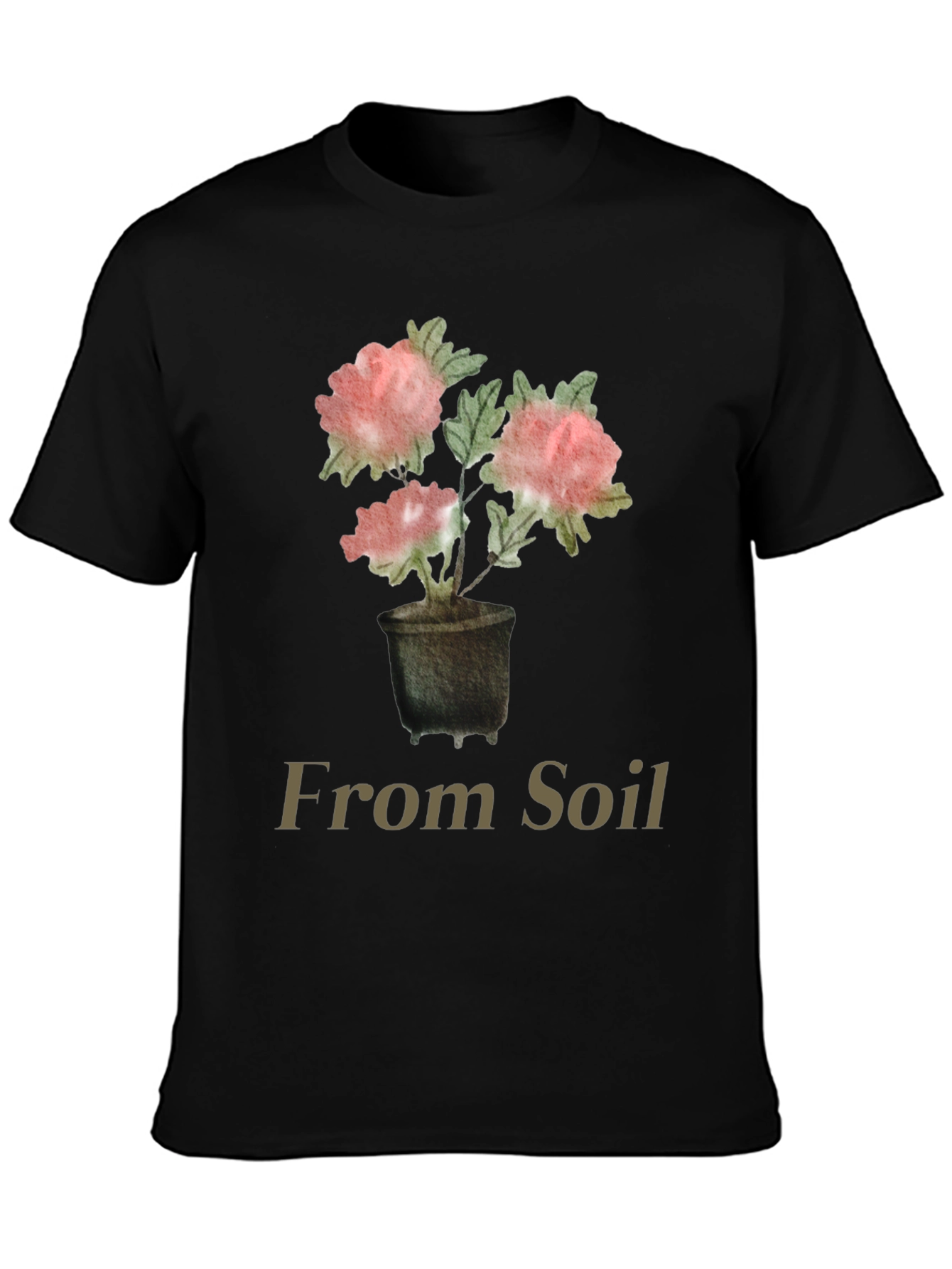 From Soil Black T-Shirt with Flower Pot Design