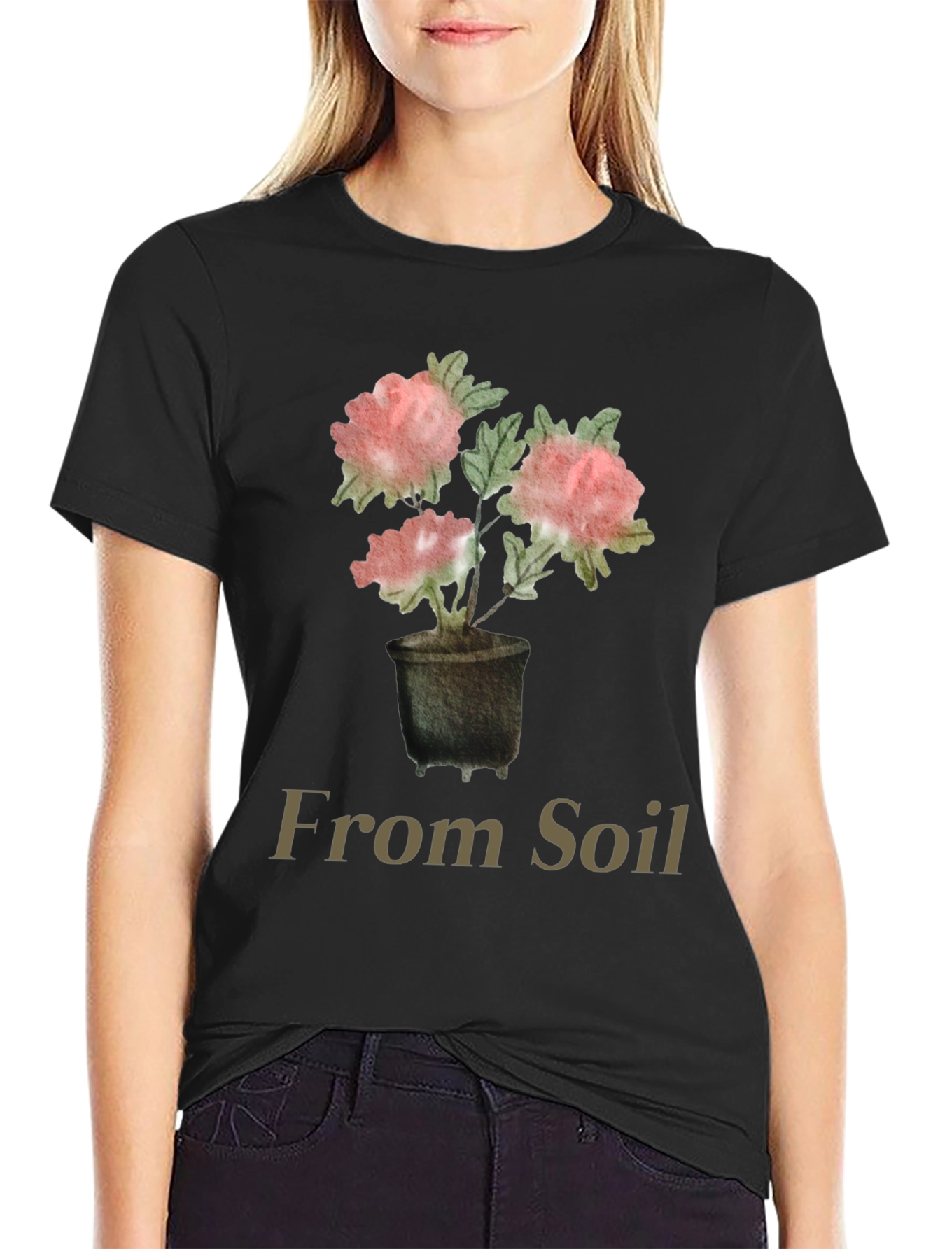 From Soil Black T-Shirt with Flower Pot Design