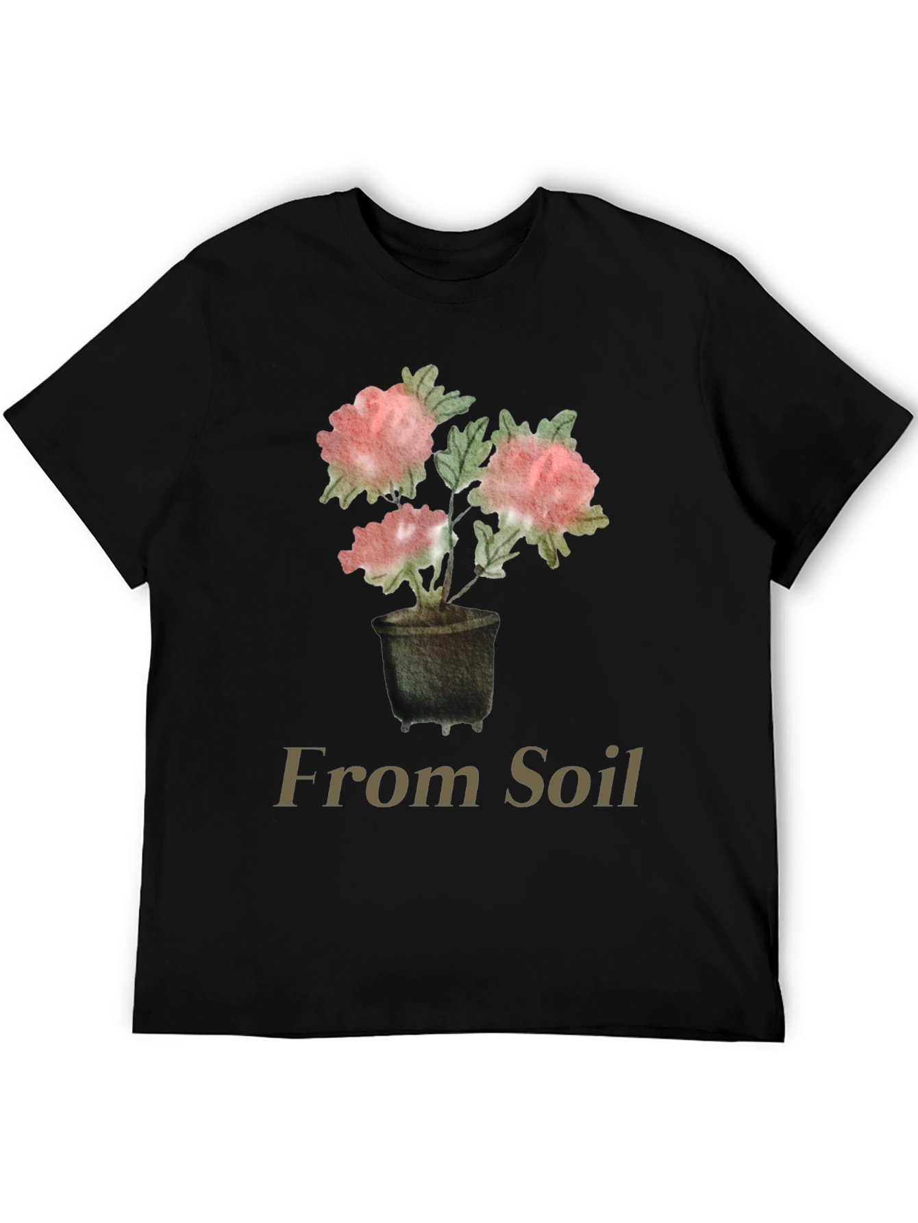 From Soil Black T-Shirt with Flower Pot Design