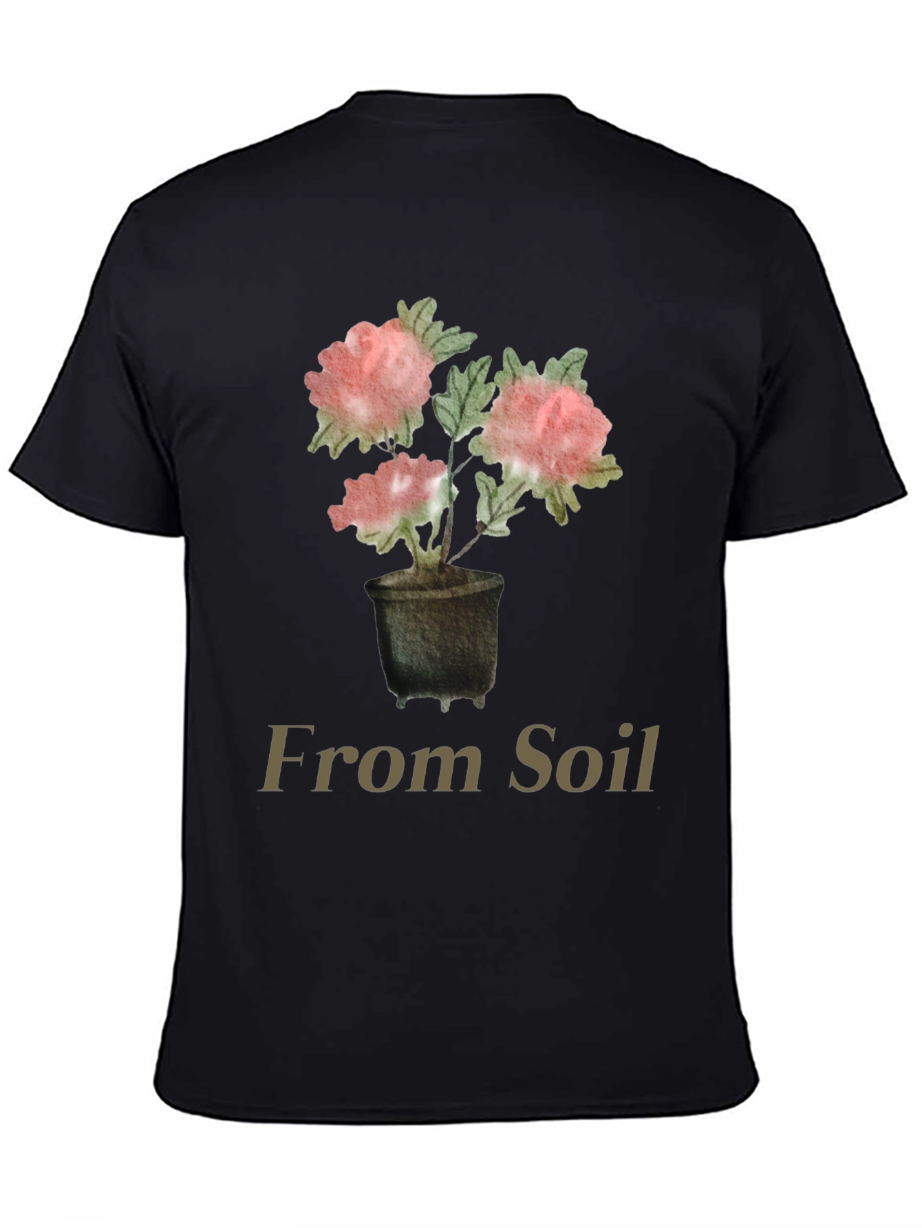From Soil Black T-Shirt with Flower Pot Design