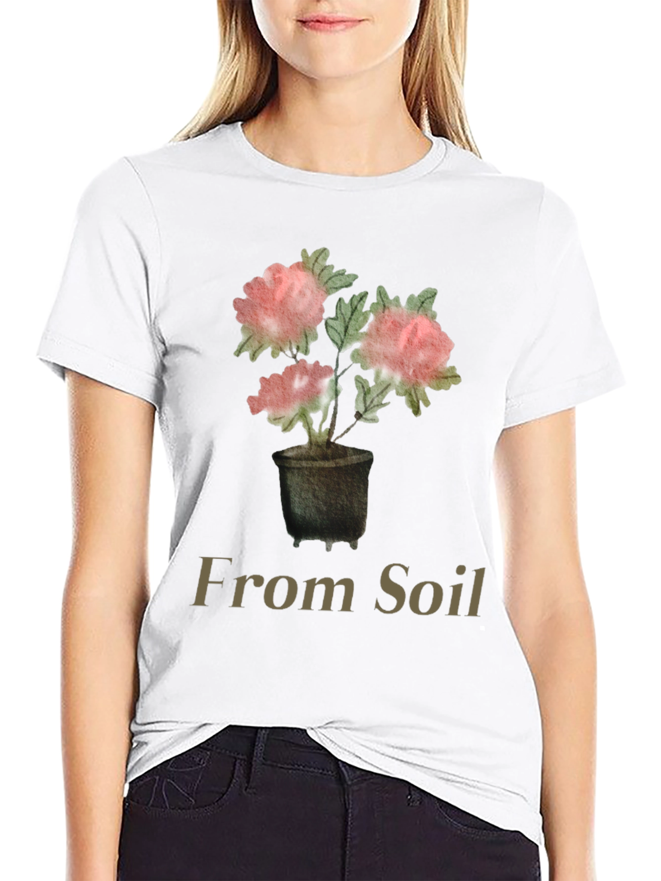 From Soil Black T-Shirt with Flower Pot Design
